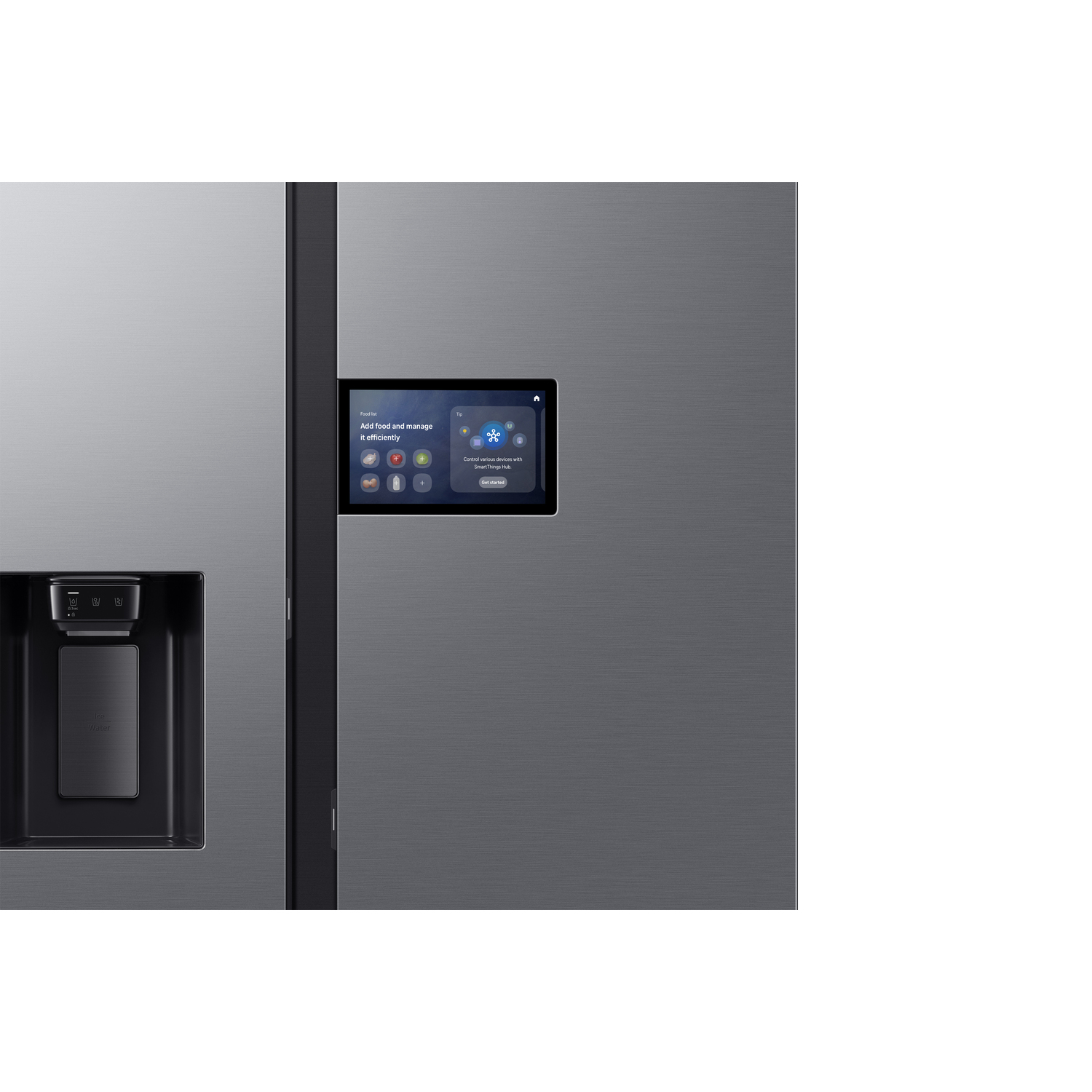 Close-up of a fridge door with a screen. Screen displays options. Ice and water dispenser. White background.