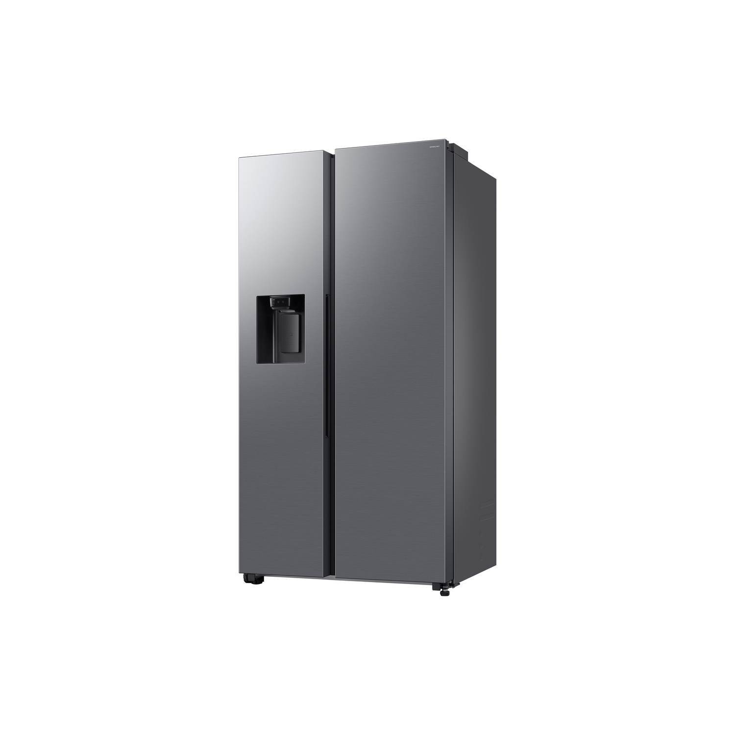 Een grijze koelkast geïsoleerd op een witte achtergrond. Met een waterdispenser en strak design.