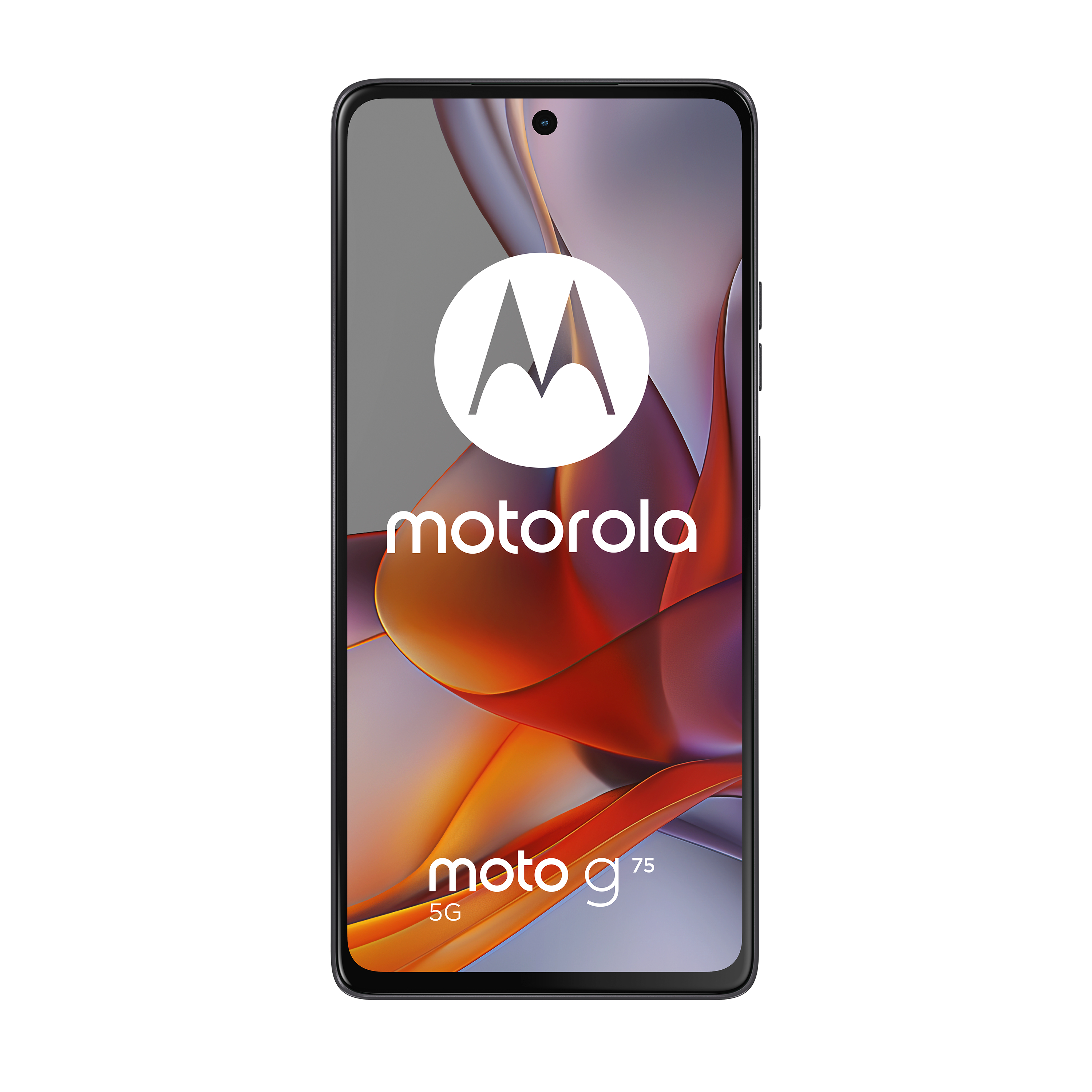 Motorola Moto G75 5G Smartphone. Schwarzer Rahmen, Bildschirm mit abstrakten Farben. Motorola-Logo in Weiß.