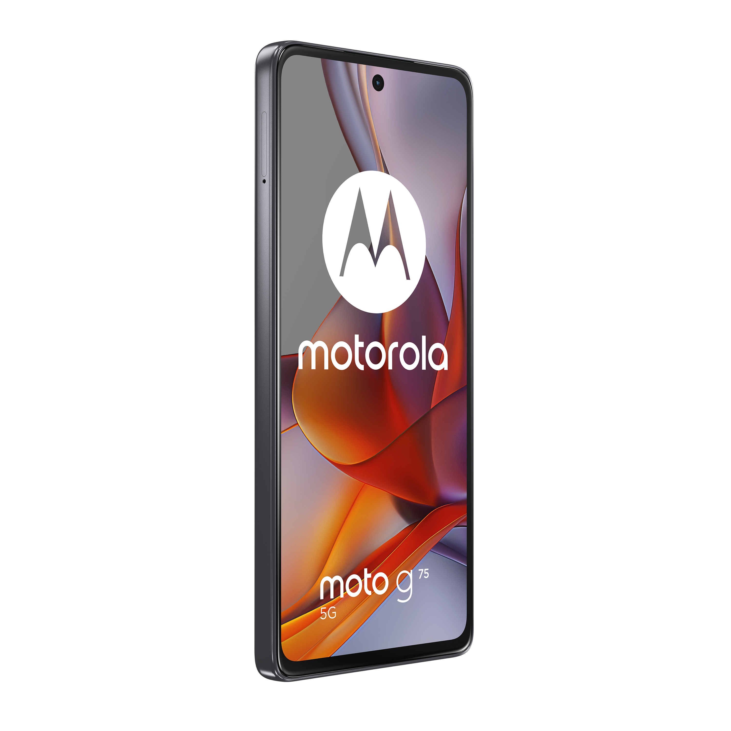 Motorola Moto g75 5G-Telefon, schwarzer Rahmen und Bildschirm mit Motorola-Logo und farbenfrohem Hintergrund.