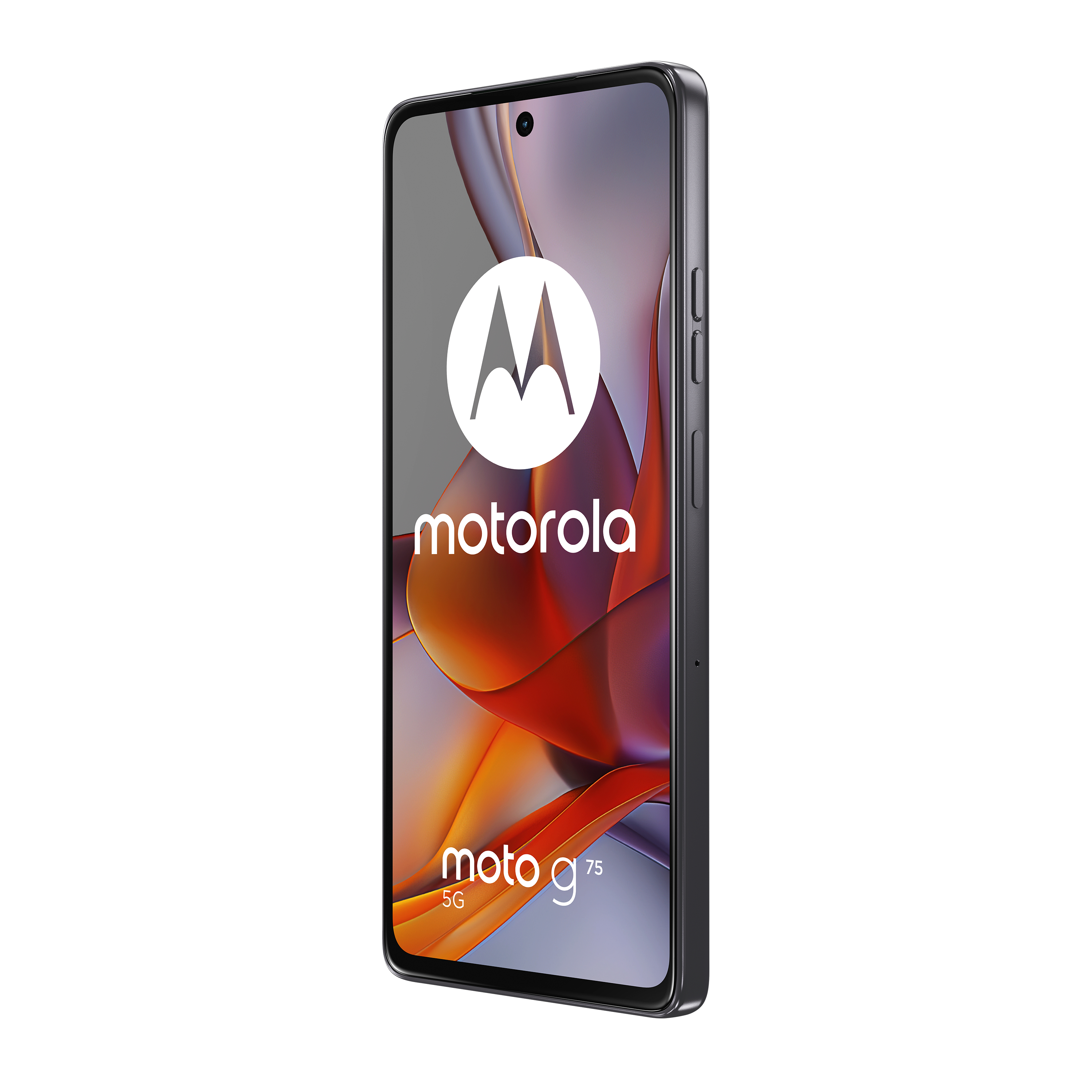Motorola Moto g75 5G-Telefon, schwarzer Rahmen und Bildschirm mit Motorola-Logo und farbenfrohem Hintergrund.