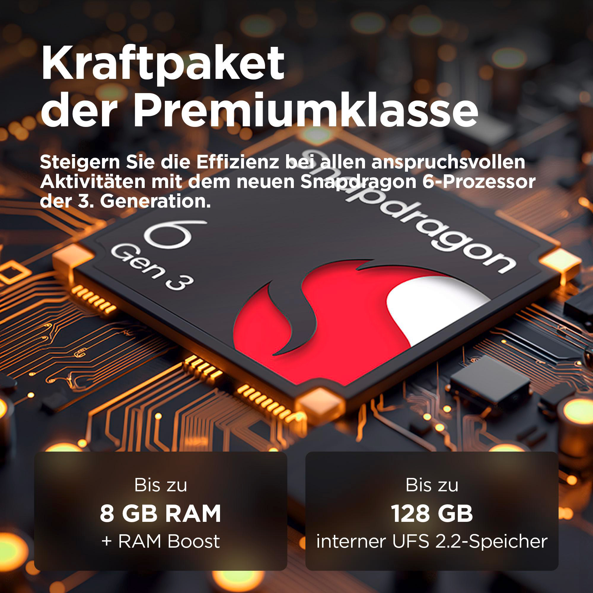 Nahaufnahme des internen Prozessors eines Telefons. Der Text besagt, dass es sich um einen Snapdragon 6 Gen 3 handelt.