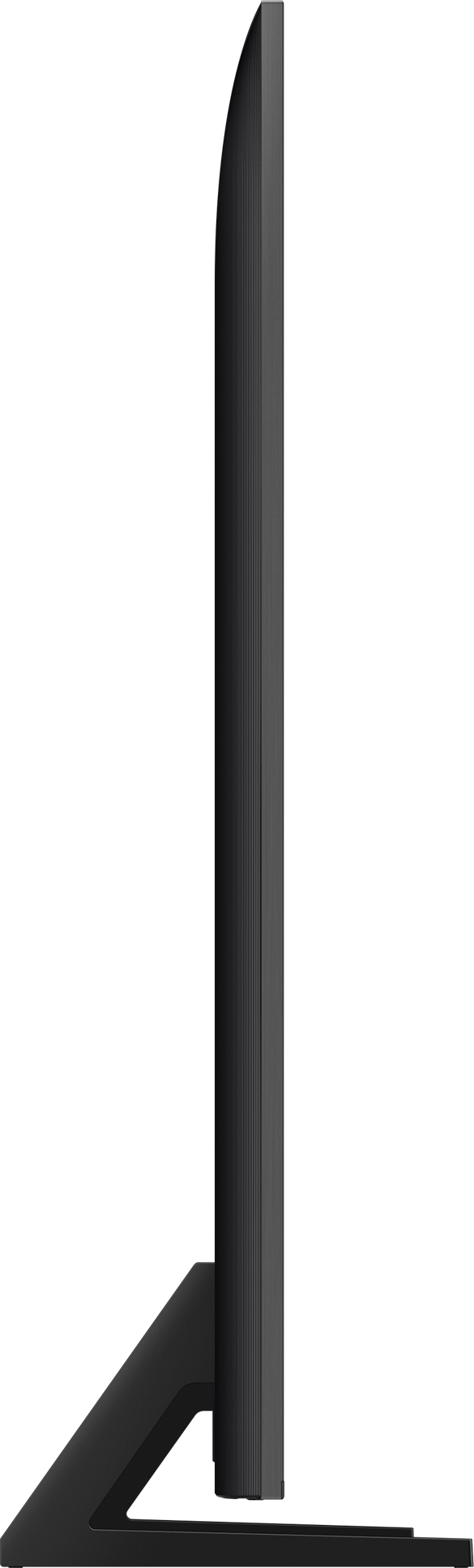 Vista laterale di un televisore nero ed elegante, dal design sottile e moderno.