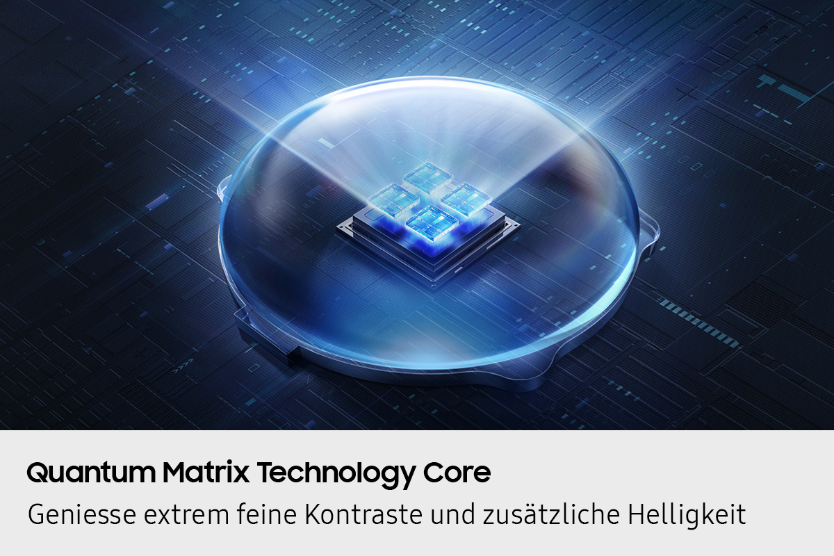 Immagine ravvicinata del Samsung Quantum Matrix Technology Core, con una luce blu.