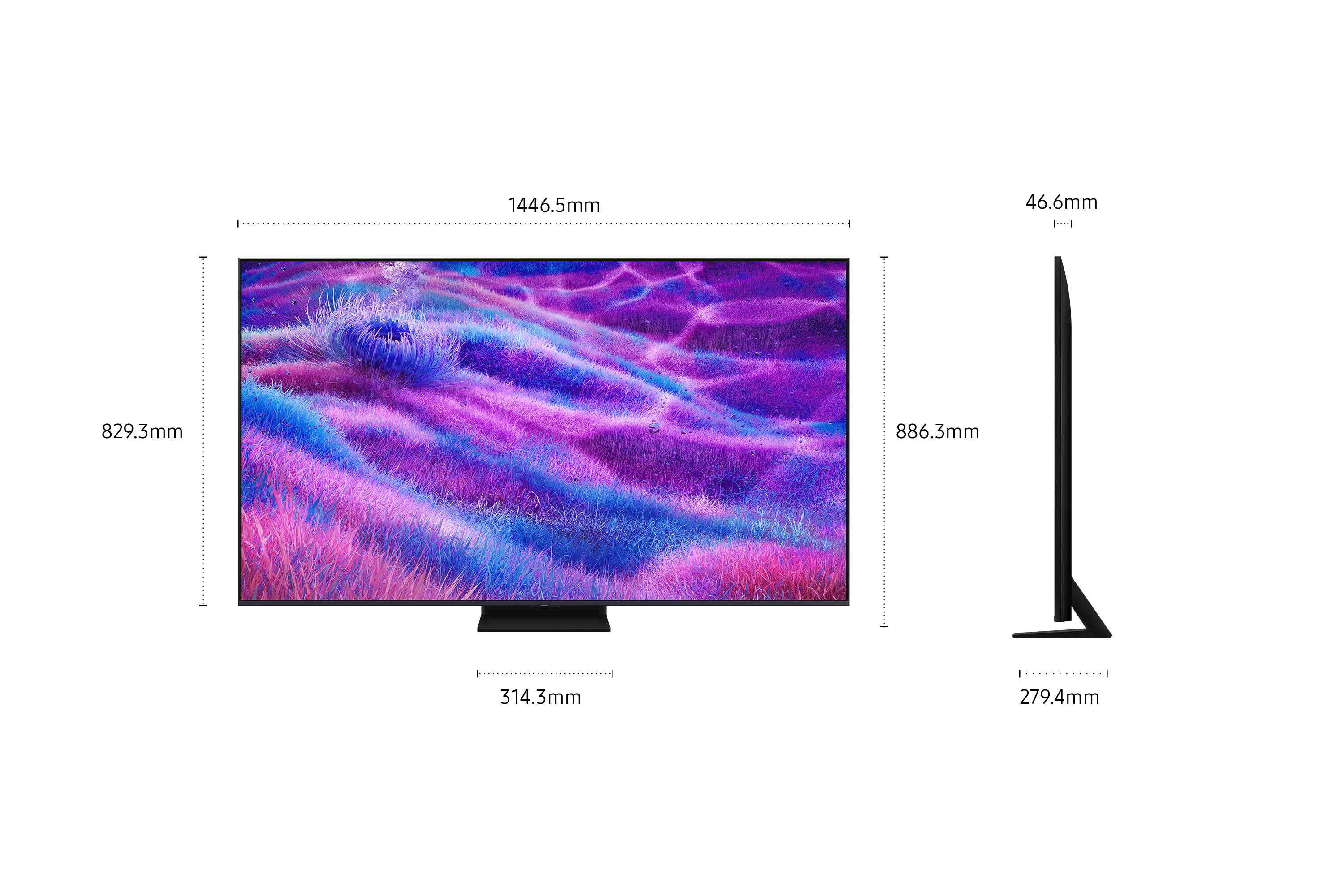 TV con arte astratto colorato. La vista laterale mostra un TV sottile e nero.