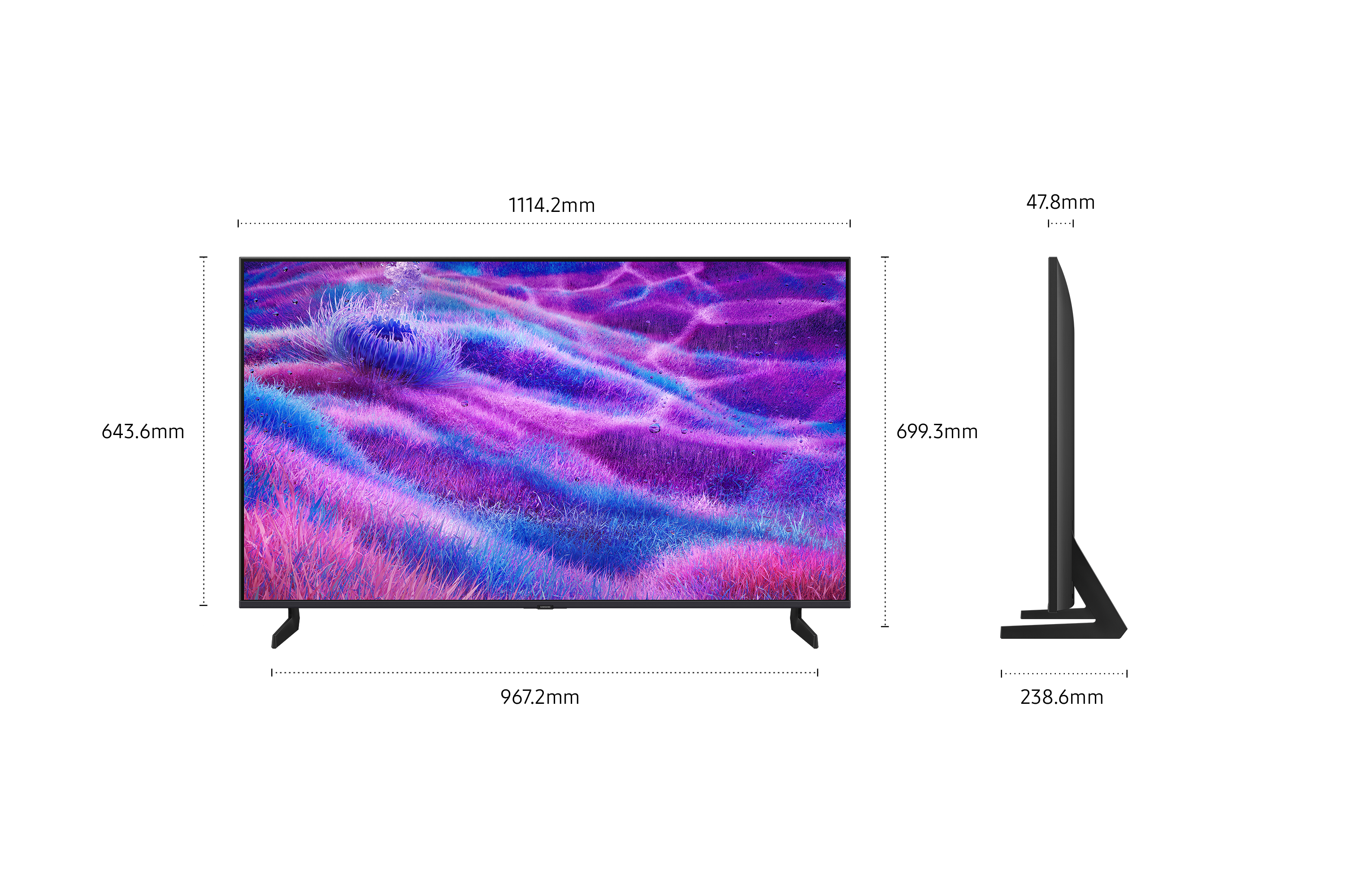 Schermo TV che mostra un'immagine astratta viola e blu, una vista laterale mostra il profilo sottile.