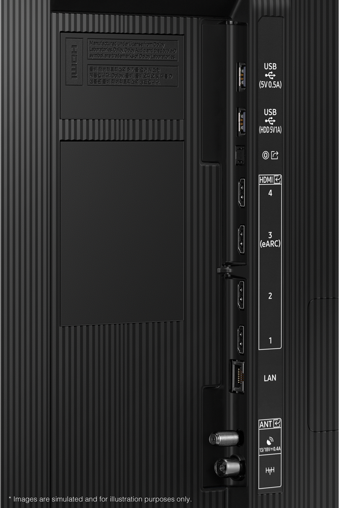 Retro di una grande TV nera con diverse porte per collegare dispositivi.