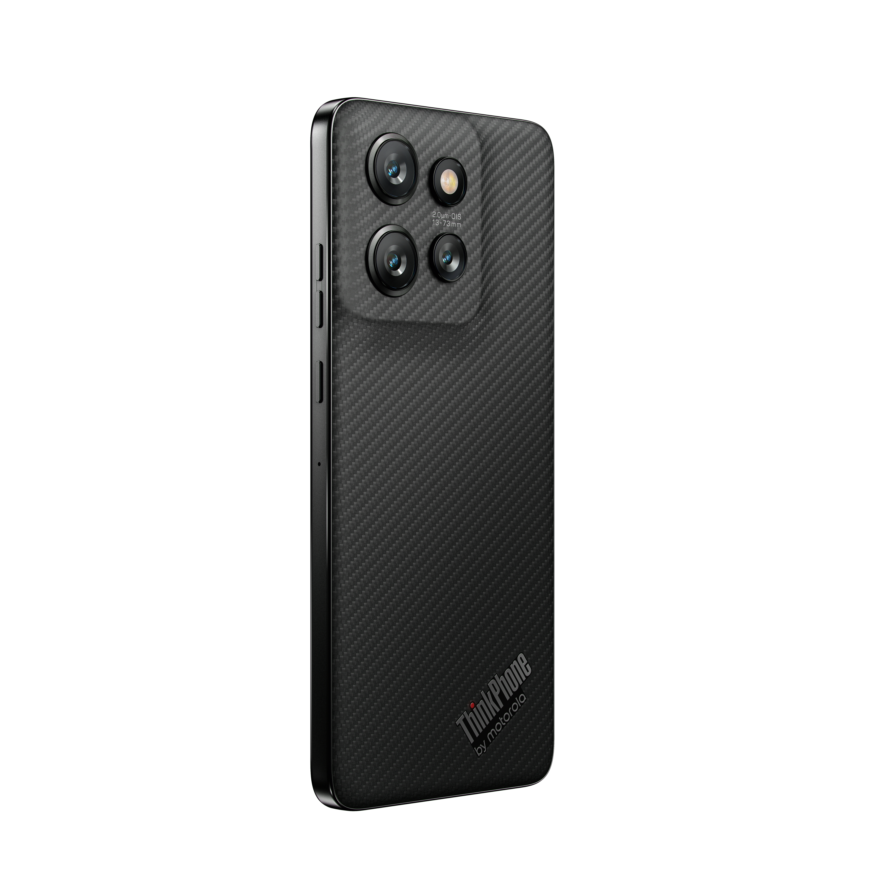 Schwarze Smartphone-Rückseite mit Kameraanordnung. Strukturierte Oberfläche. ThinkPhone-Logo.