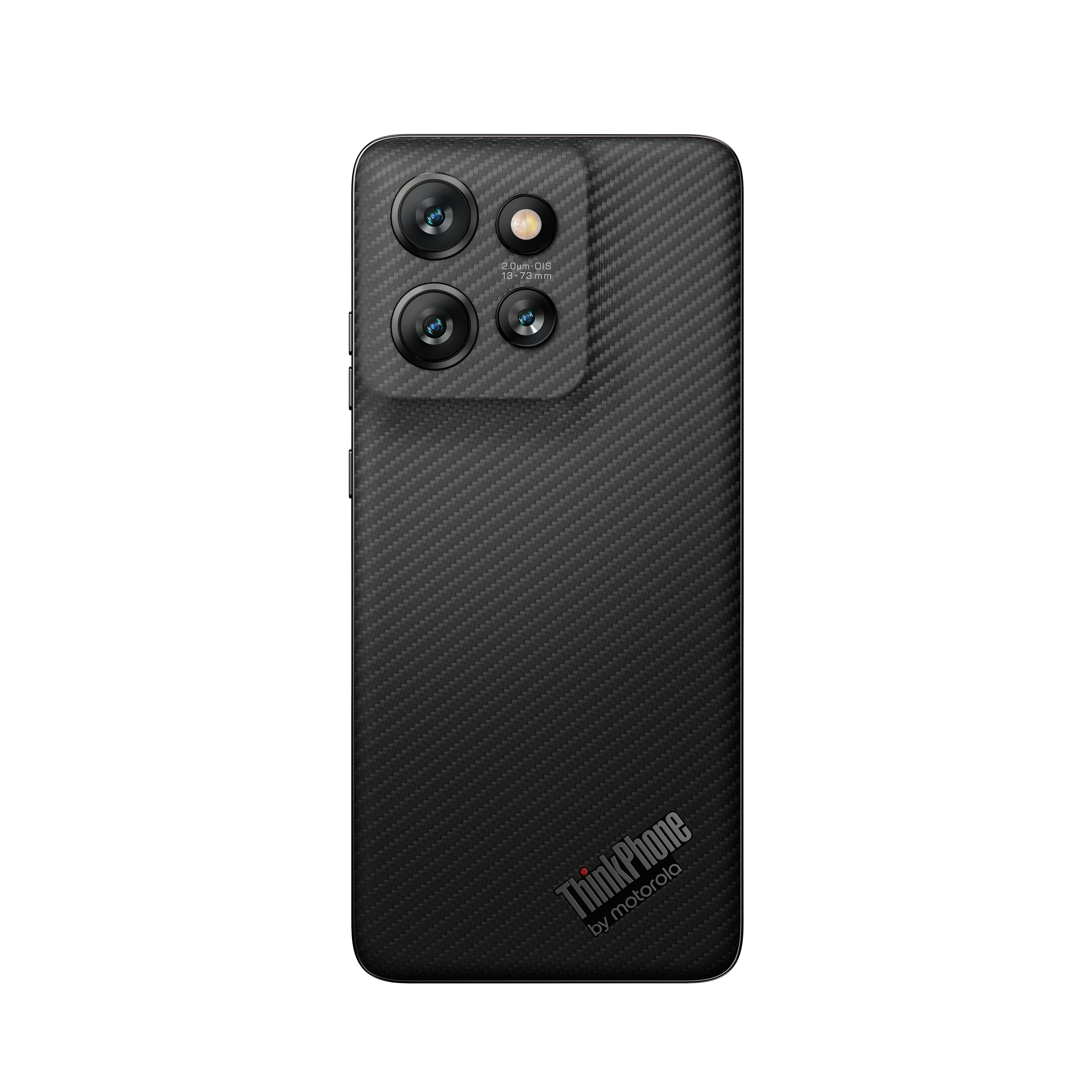 Schwarzes ThinkPhone mit strukturierter Rückseite und Kameramodul.