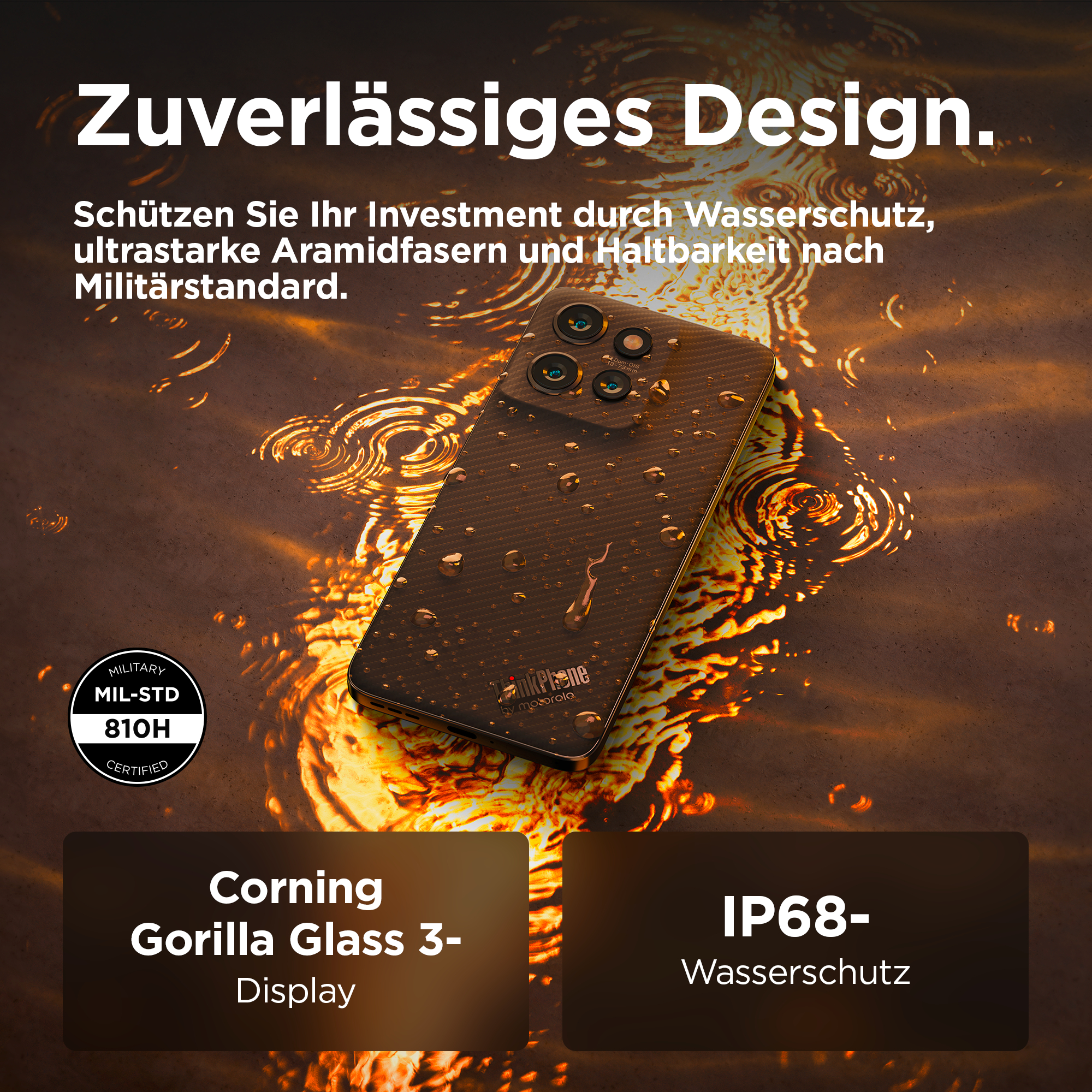 ThinkPhone mit Wassertropfen, robusten Eigenschaften und Display.