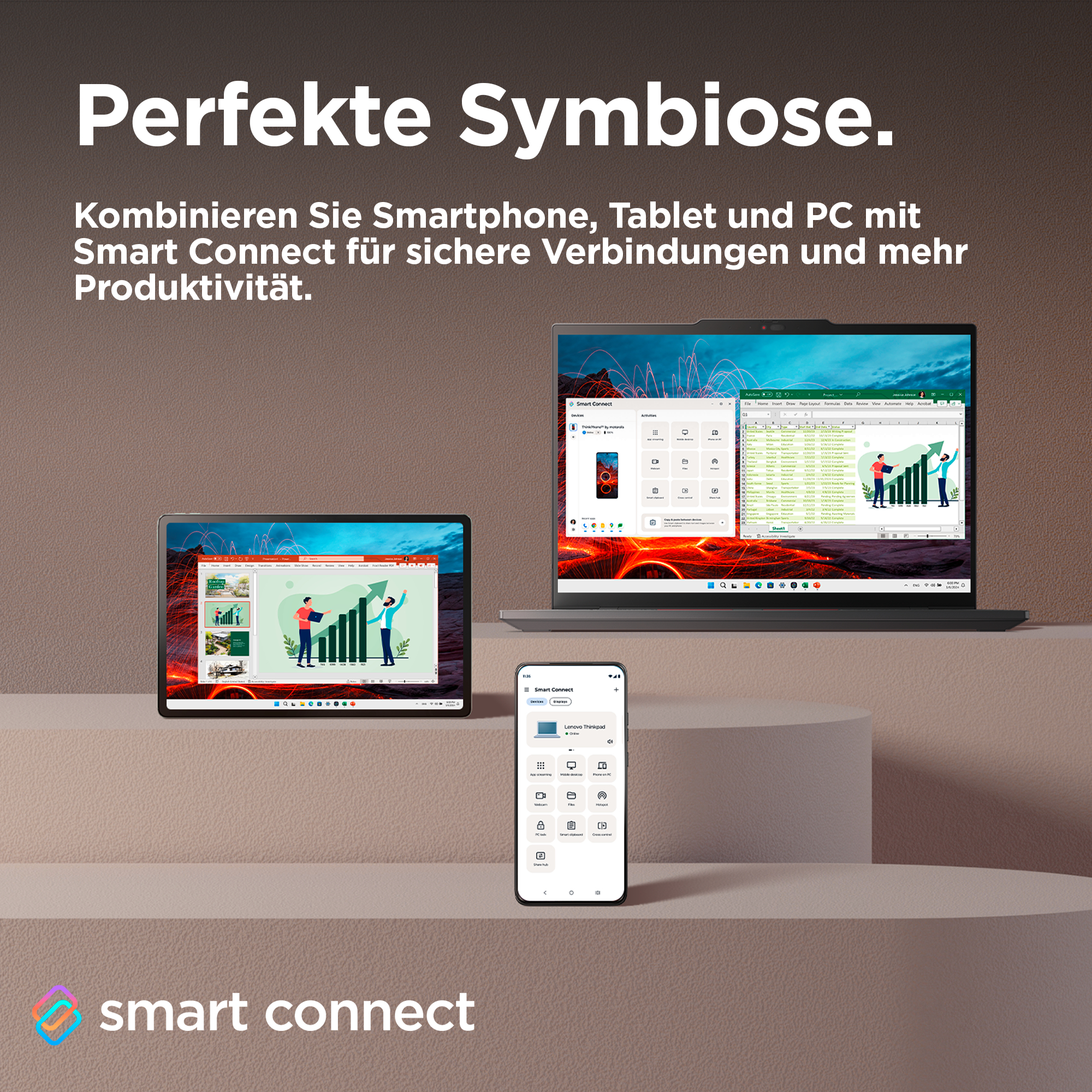 Smartphone, Tablet und Laptop auf einer Oberfläche, die Smart Connect zeigt.