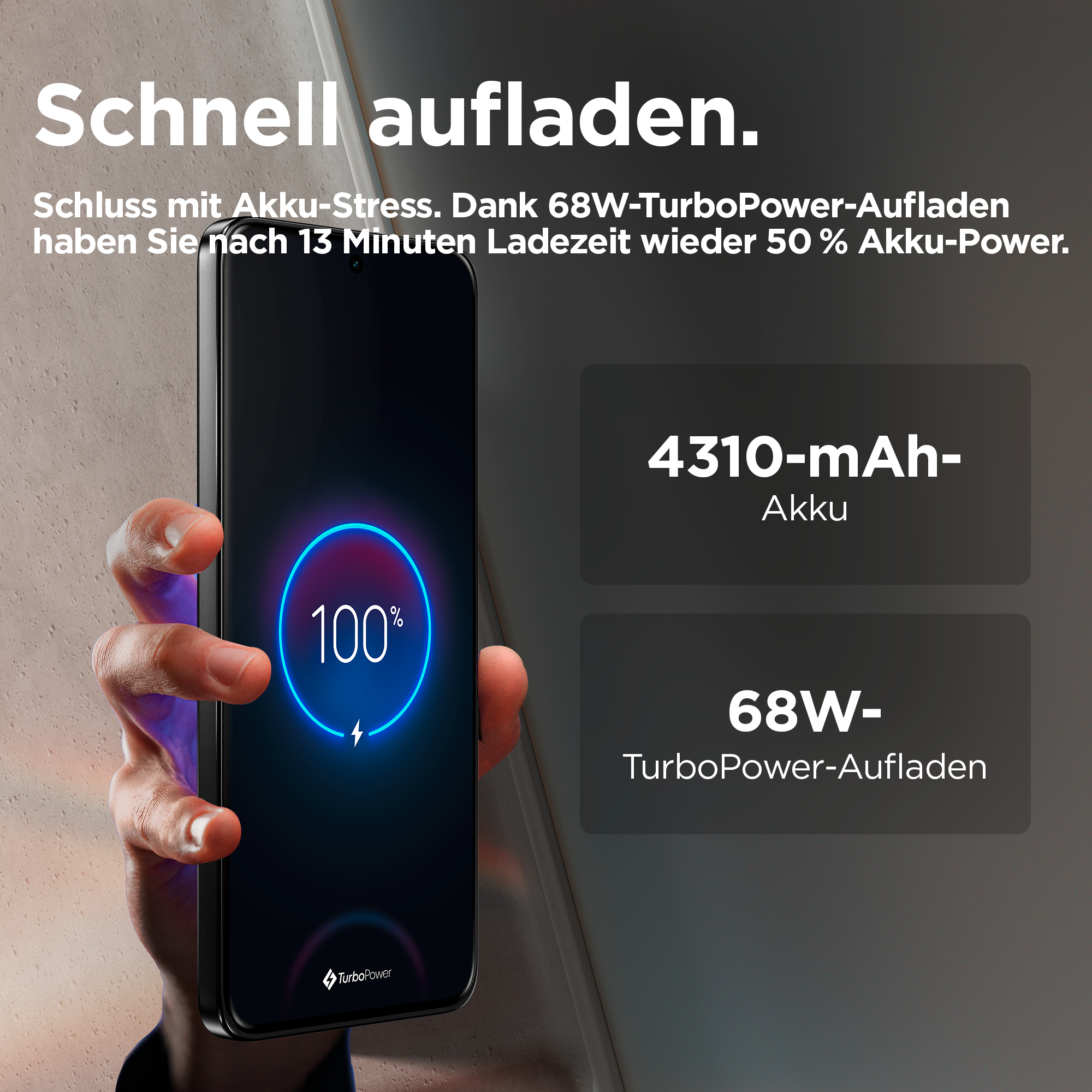 Hand hält Telefon mit 100 % Ladung, Akku- und TurboPower-Details.