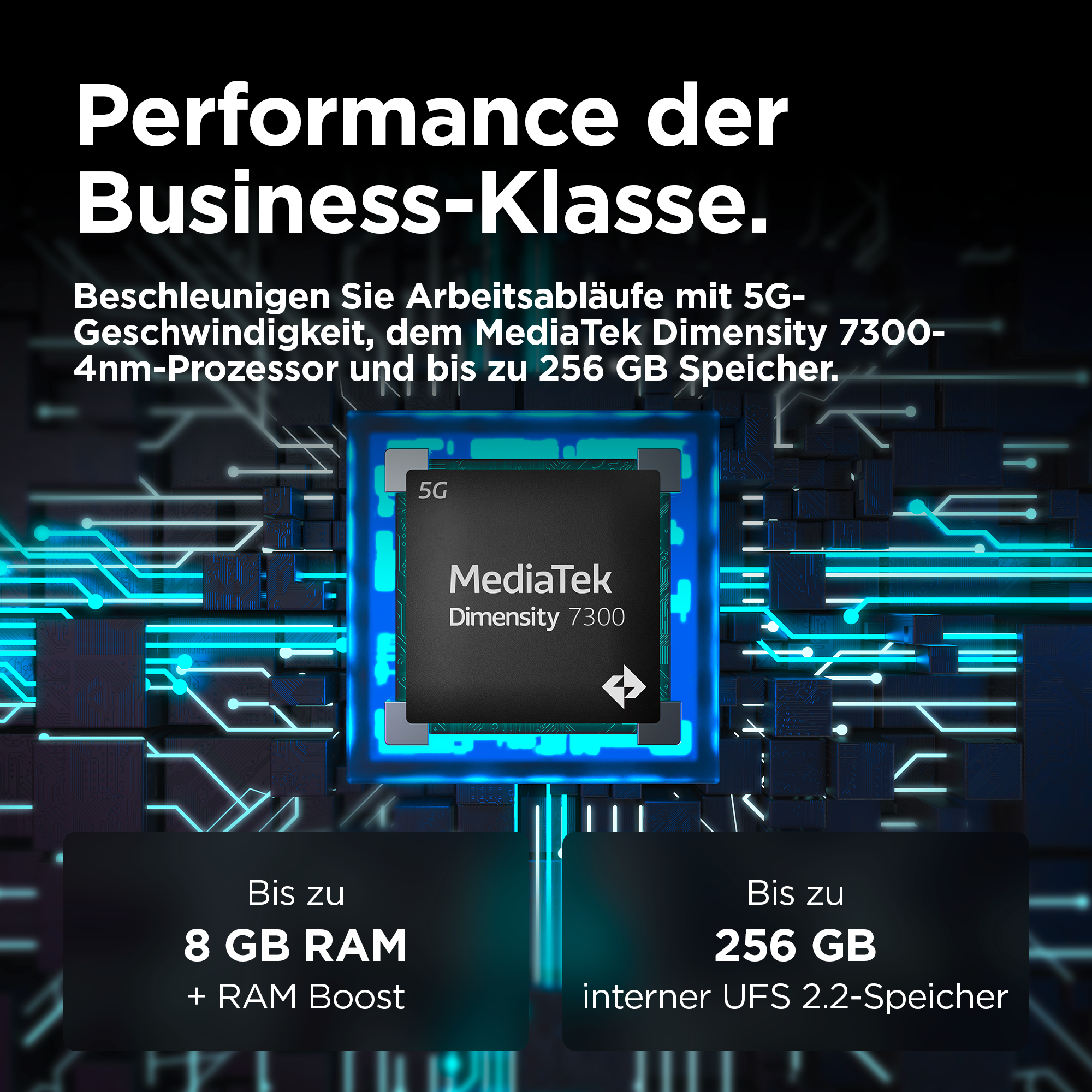 Nahaufnahme eines Chips mit Spezifikationen: 5G, MediaTek Dimensity 7300, RAM und Speicher.