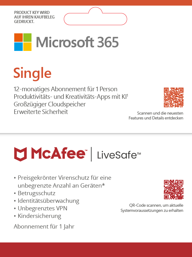 Produktverpackung von Microsoft 365 und McAfee LiveSafe, mit Details für Einzelbenutzer.