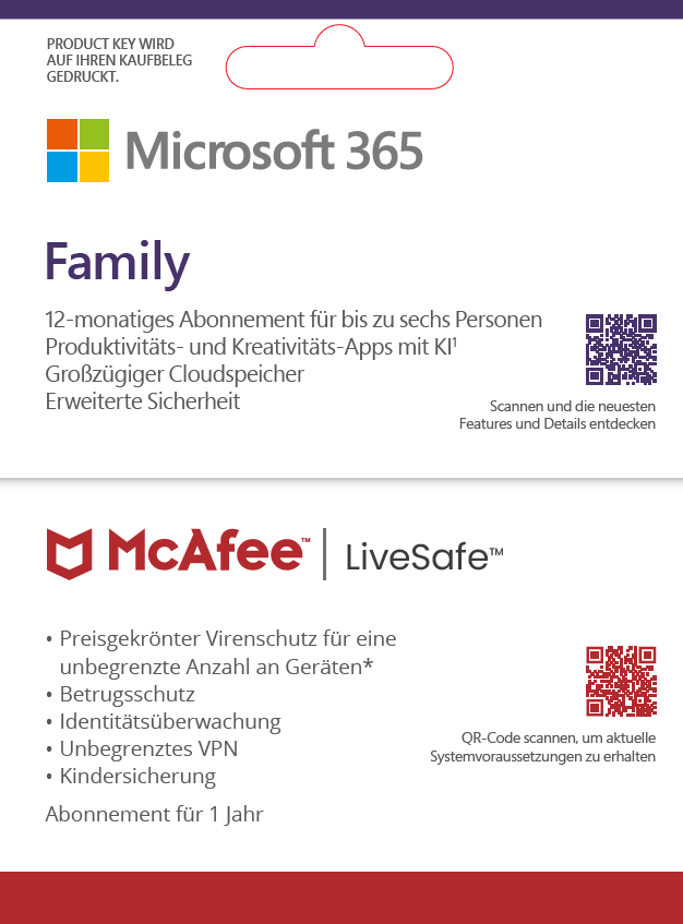 Produktverpackung von Microsoft 365 und McAfee LiveSafe, mit Details für Familienbenutzer.