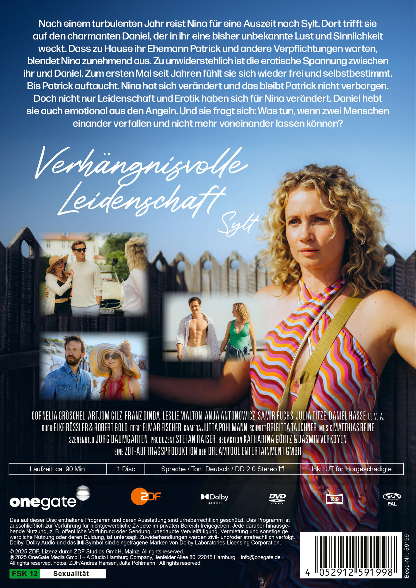 DVD-Rückseite. Frau schaut in die Kamera. Titel: Verhängnisvolle Leidenschaft Sylt. Details zu Cast und Crew.