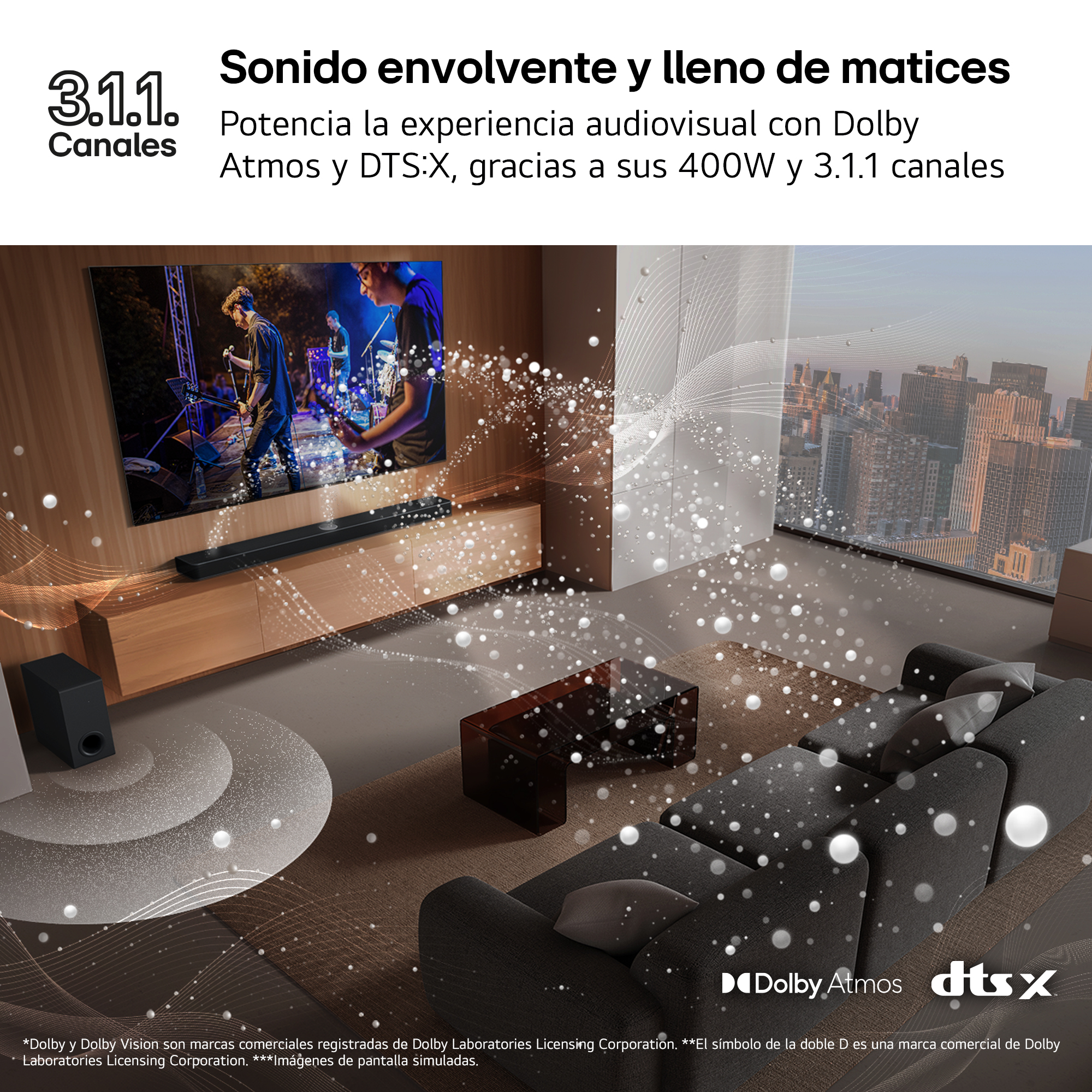 Una sala de estar con TV, barra de sonido y subwoofer. Una banda tocando en el escenario.