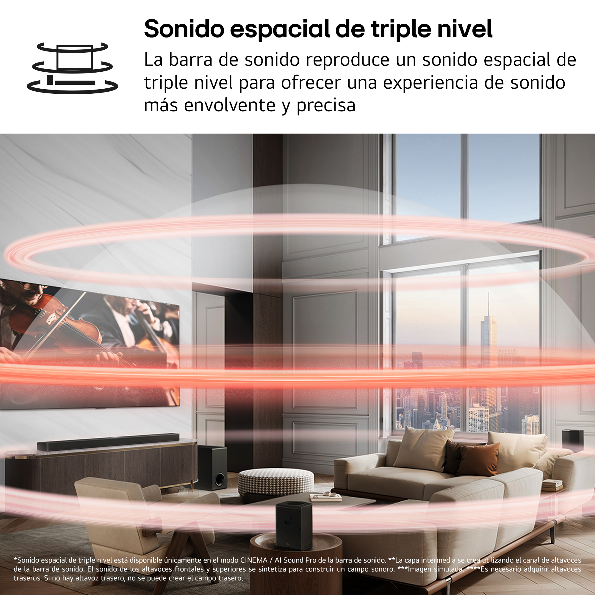 Una sala de estar con TV, barra de sonido y subwoofer. Un violinista en el fondo.