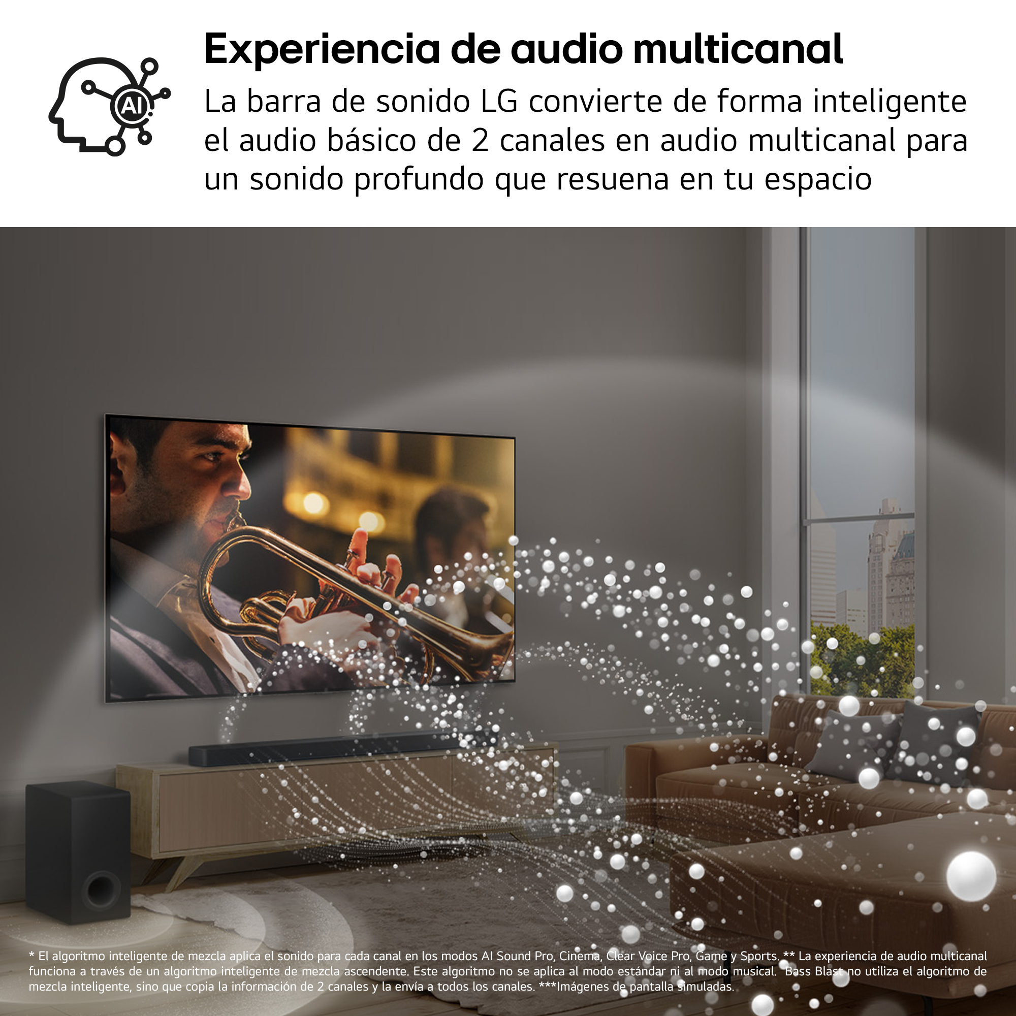 Hombre tocando trompeta en TV. Barra de sonido y subwoofer debajo.