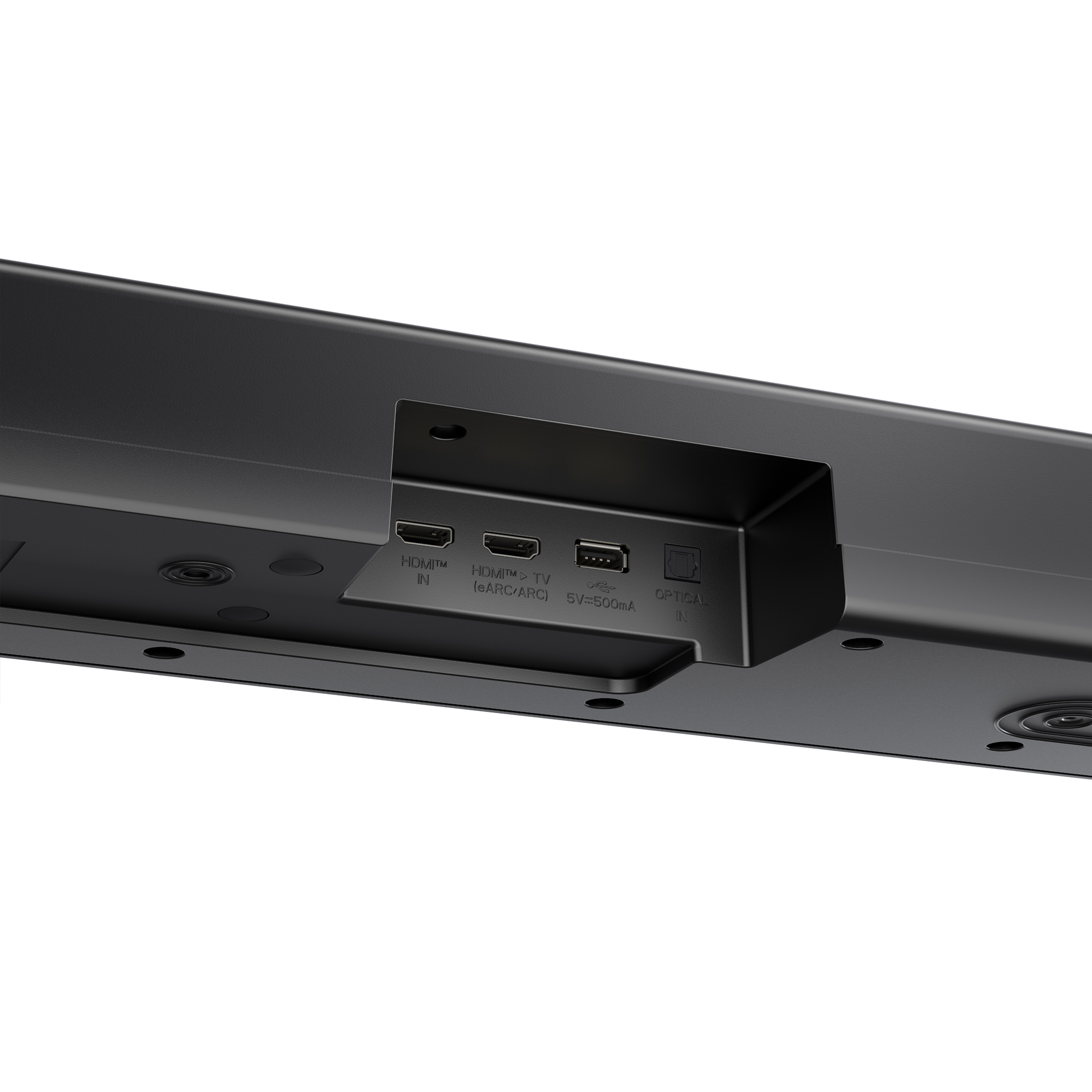 Vista trasera de la barra de sonido con puertos HDMI, USB y entrada óptica.