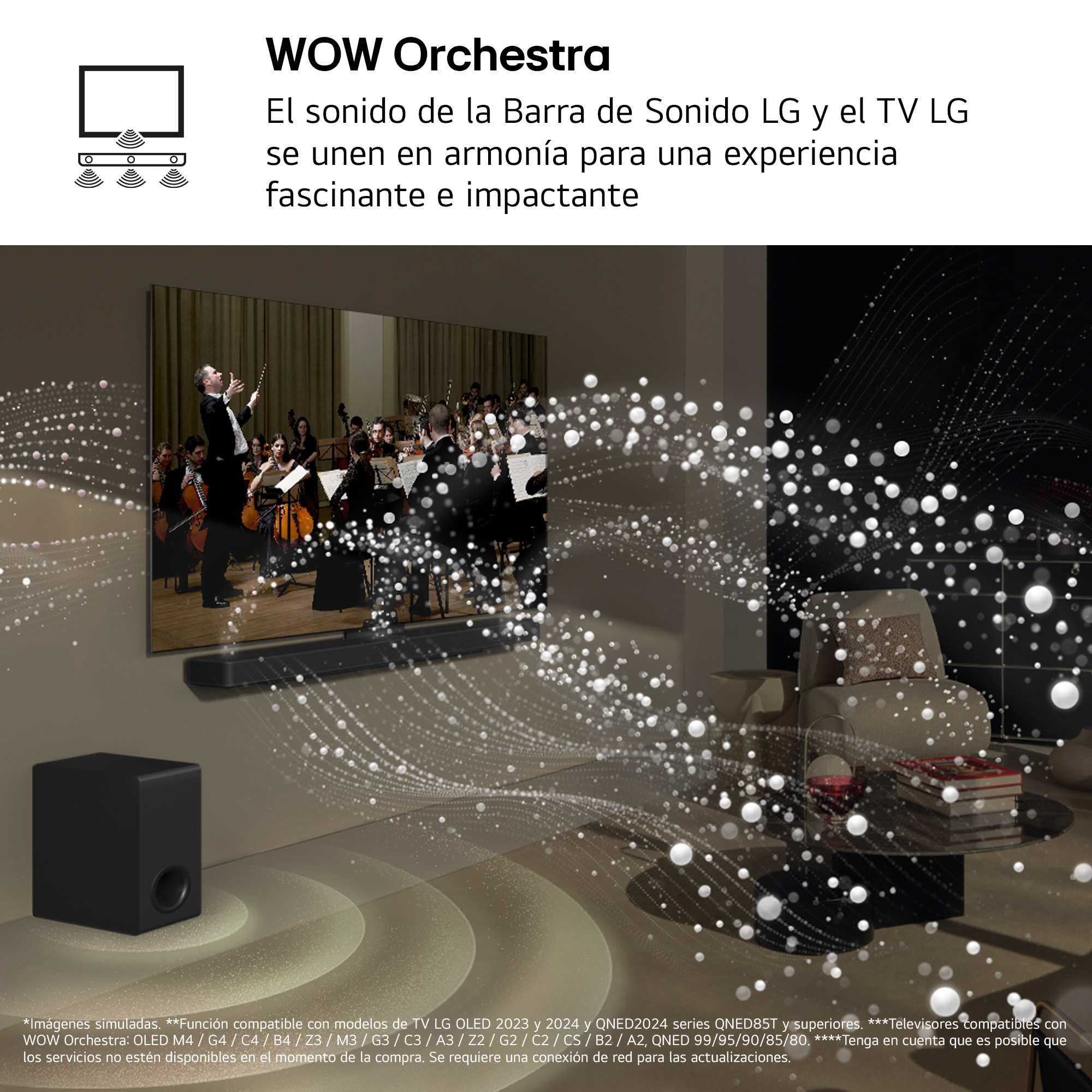 Un televisor muestra una orquesta en vivo tocando, con una barra de sonido y un subwoofer debajo.