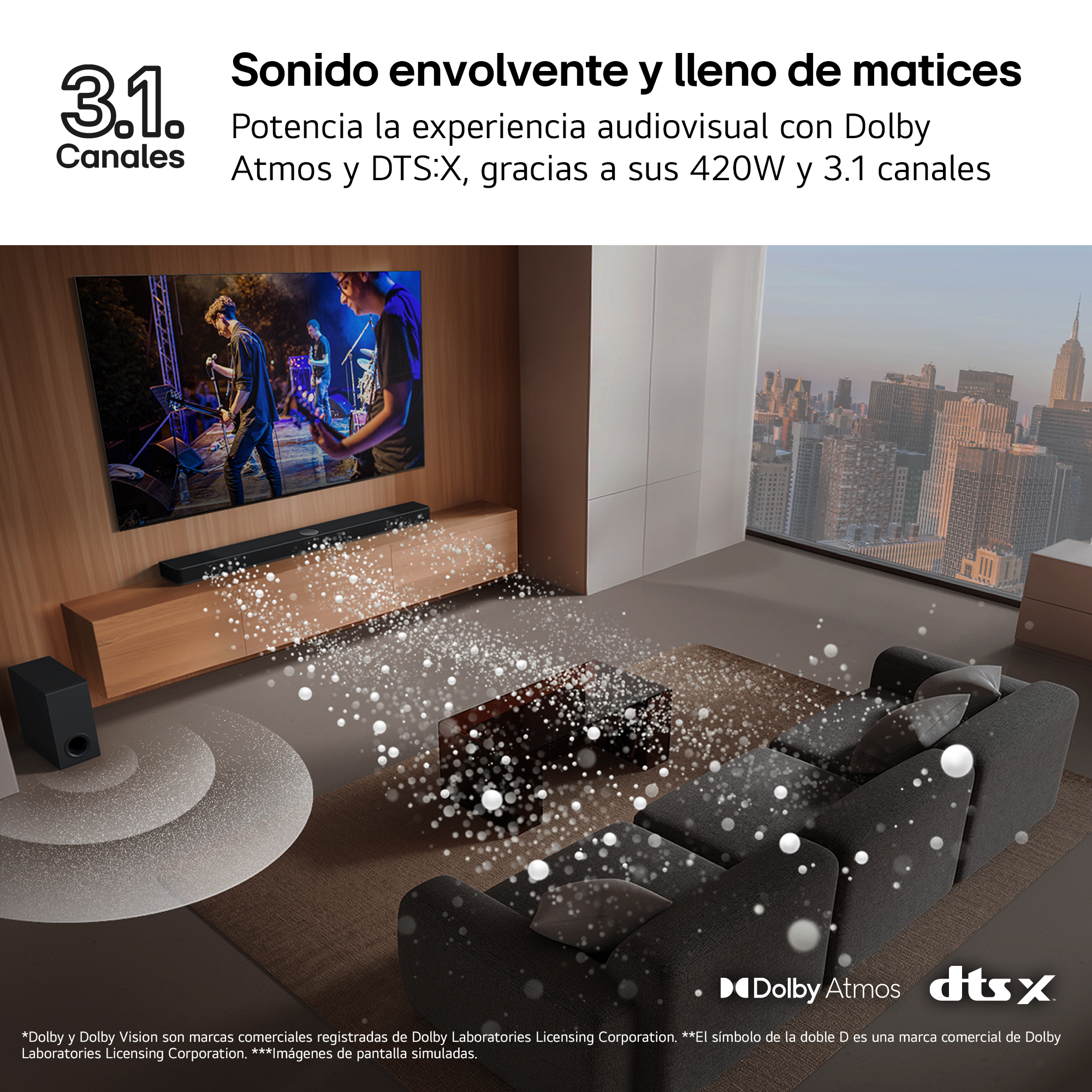 Una habitación con un televisor, una barra de sonido y un subwoofer, con una banda tocando en la pantalla.
