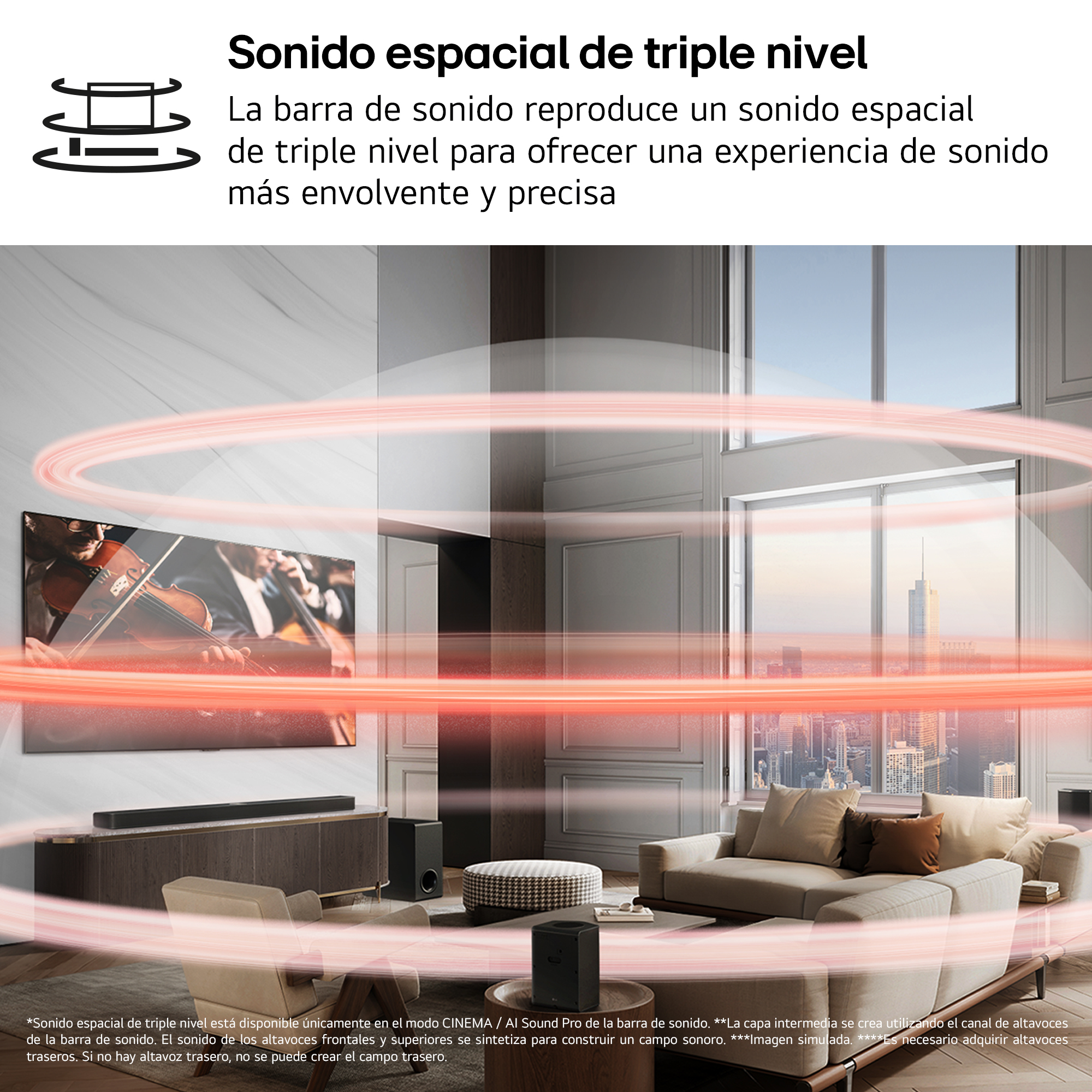 Una sala de estar con un televisor, una barra de sonido, un subwoofer y una escena de concierto en la pantalla.