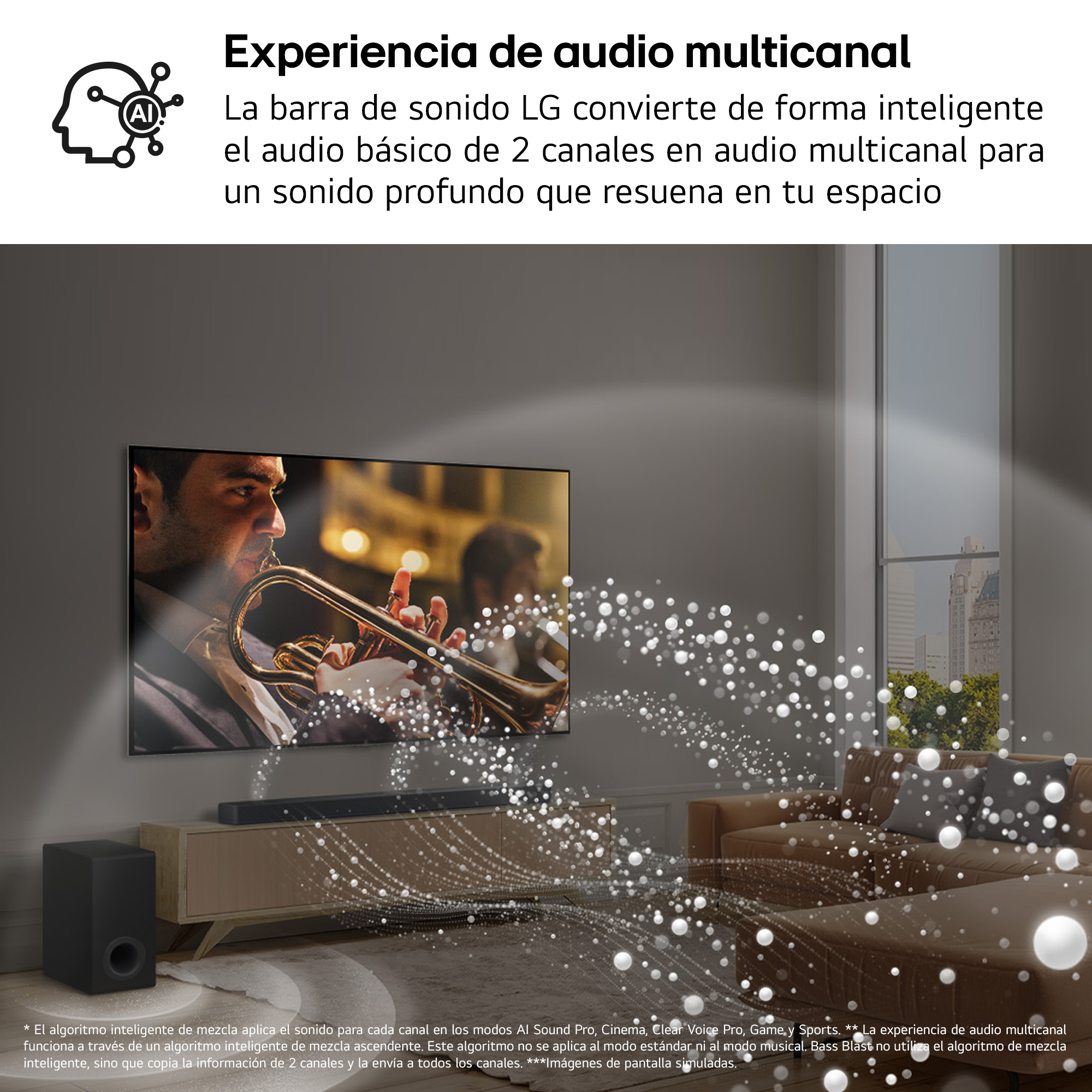 Una pantalla de TV muestra tres escenas diferentes, con una barra de sonido debajo.