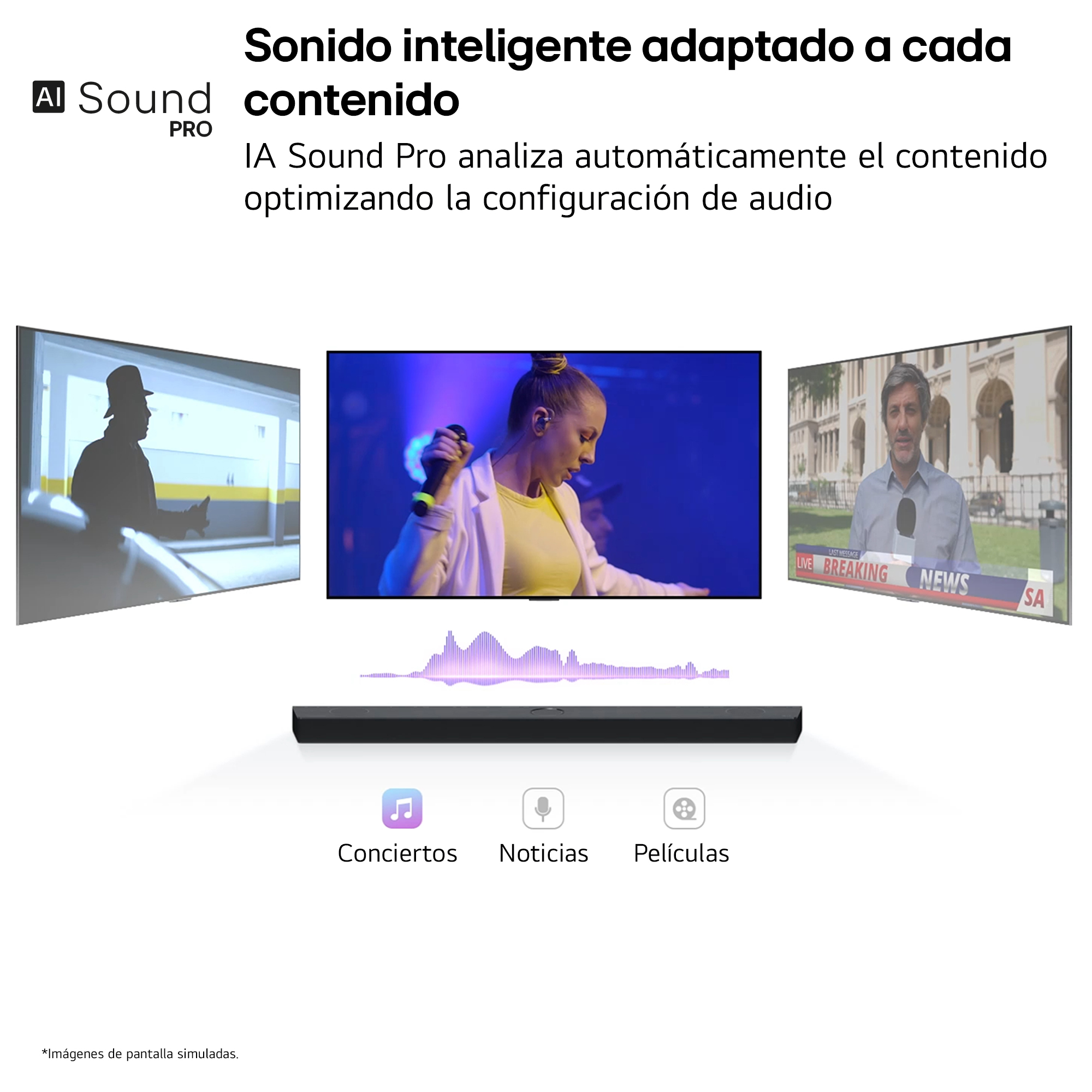 Una barra de sonido se coloca debajo de un televisor. Aparecen tres iconos, que representan conciertos, noticias y películas.