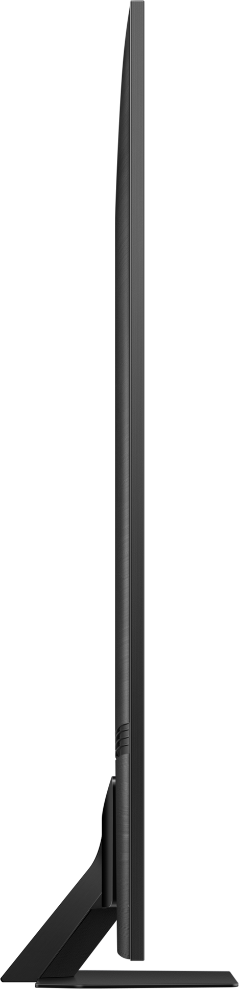Vue de profil latéral d'un téléviseur noir, fin et élégant, sur fond sombre.