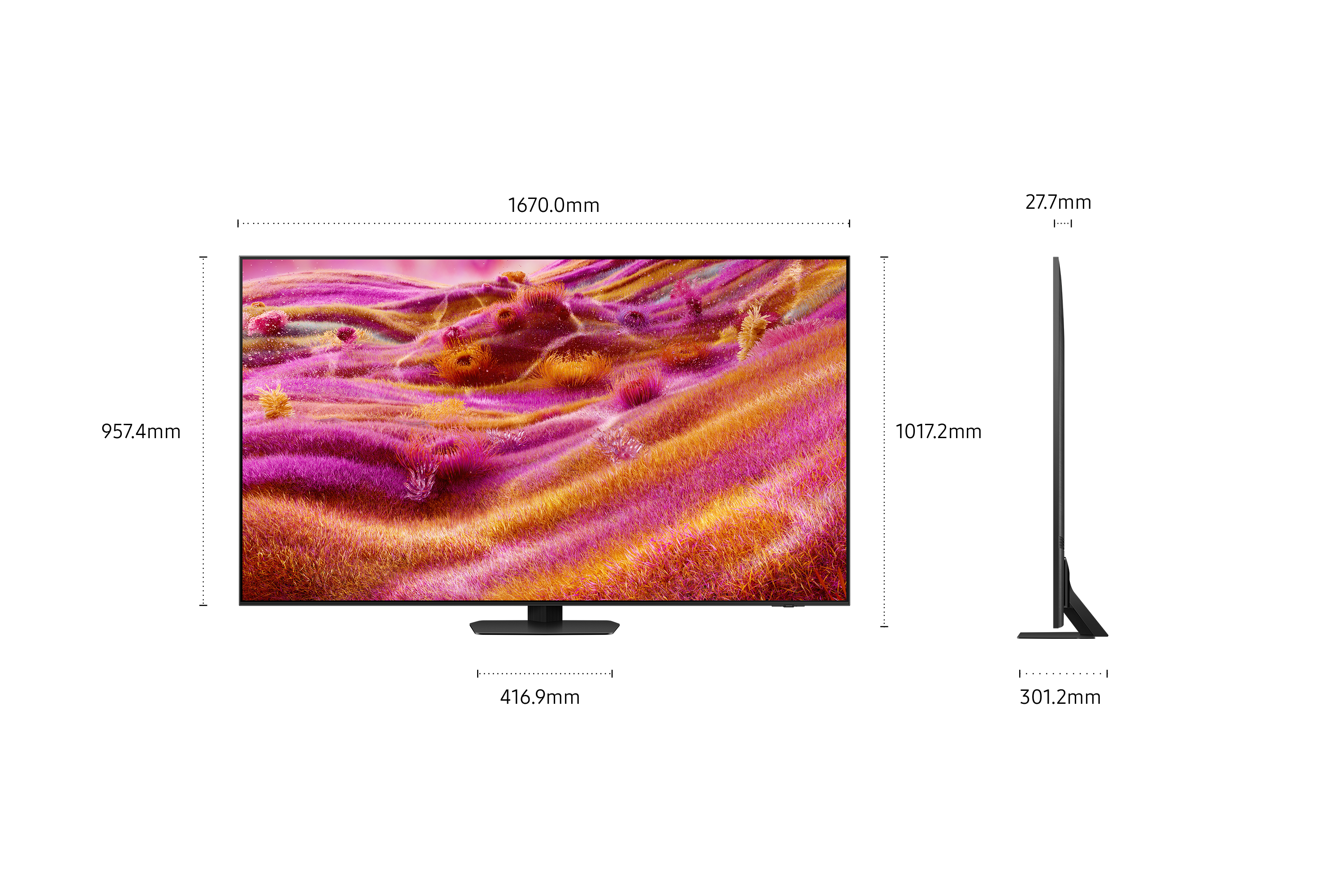 TV, vue latérale, cadre noir, socle noir, image abstraite colorée, fond noir.