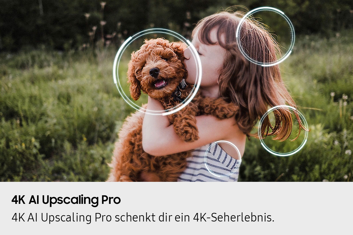 Une fille embrasse un chiot. Cercles lumineux. Texte: 4K AI Upscaling Pro.