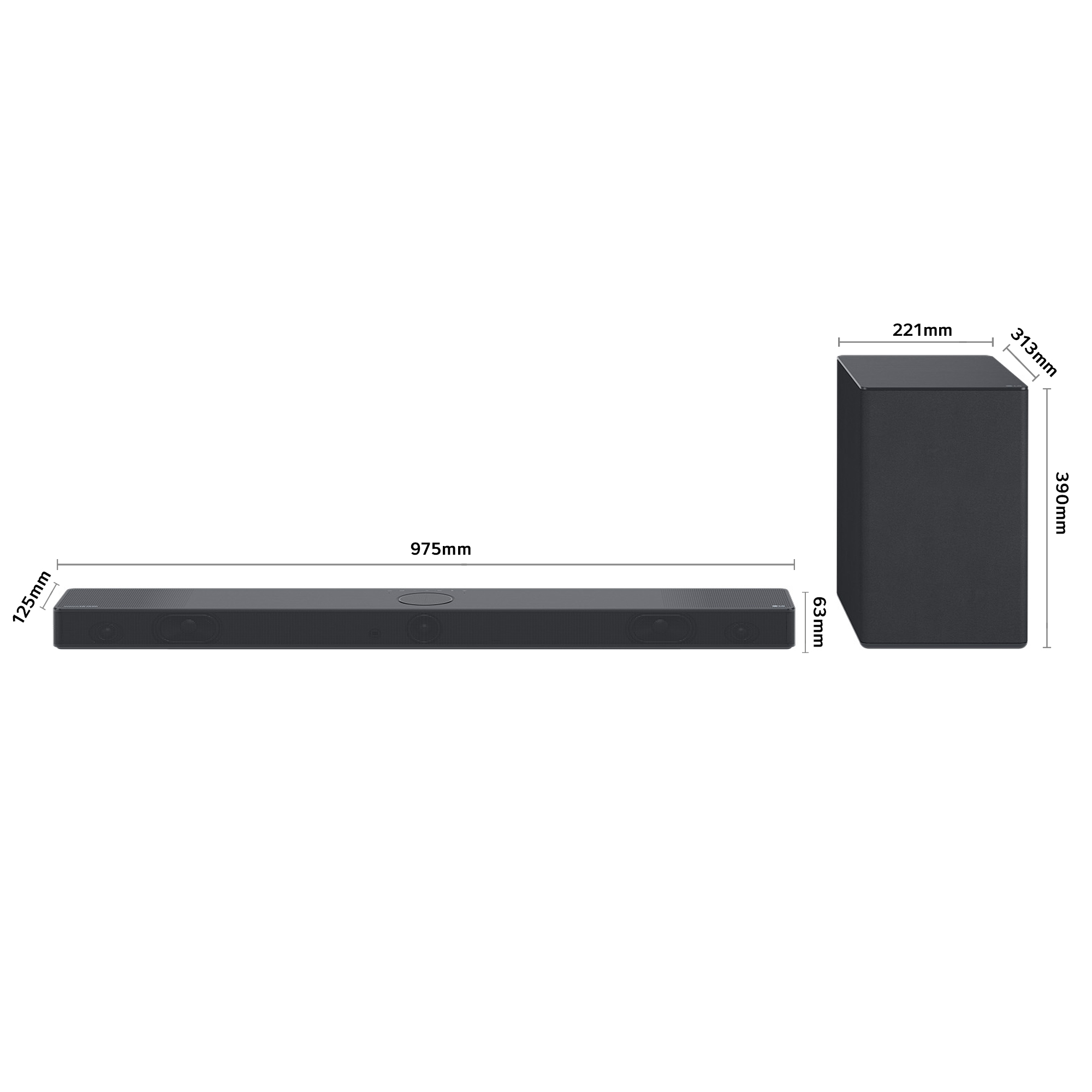 Una barra de sonido y un subwoofer negros, con dimensiones etiquetadas. La barra de sonido es larga; el subwoofer es un cubo.