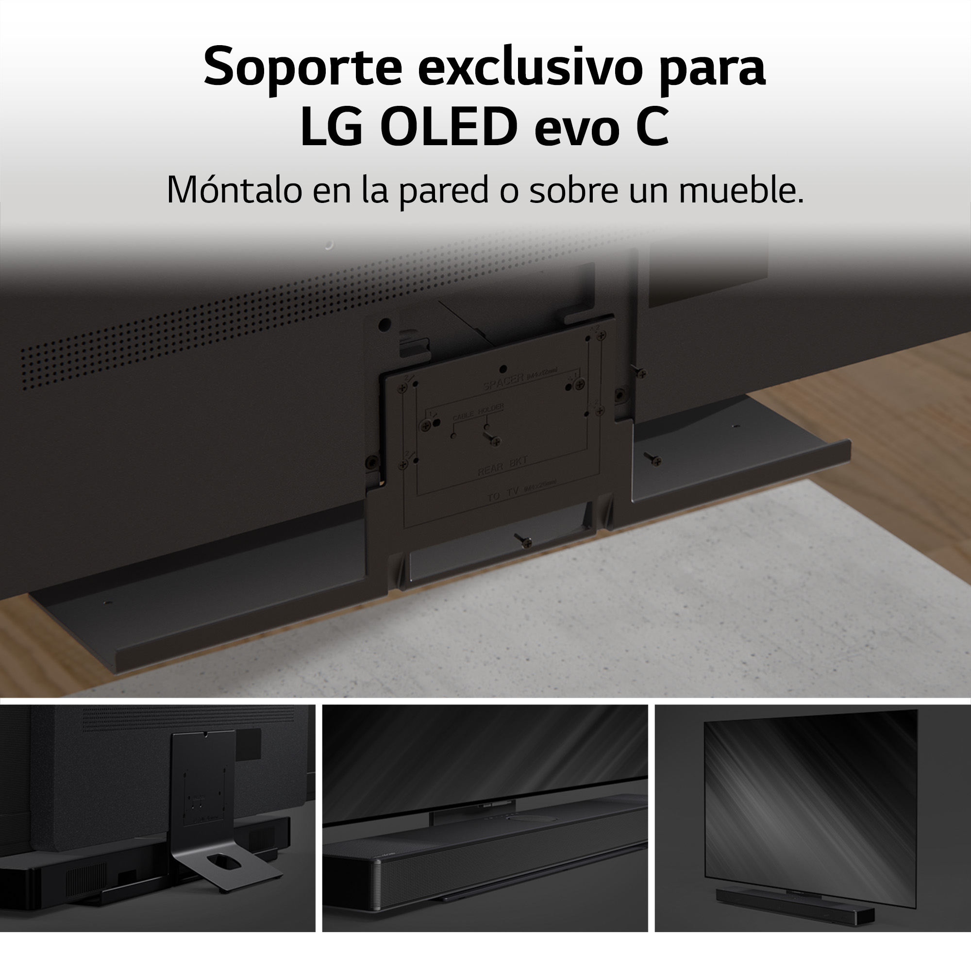 Televisor montado con opciones de soporte. Varias imágenes muestran el televisor con el soporte en una pared o soporte.