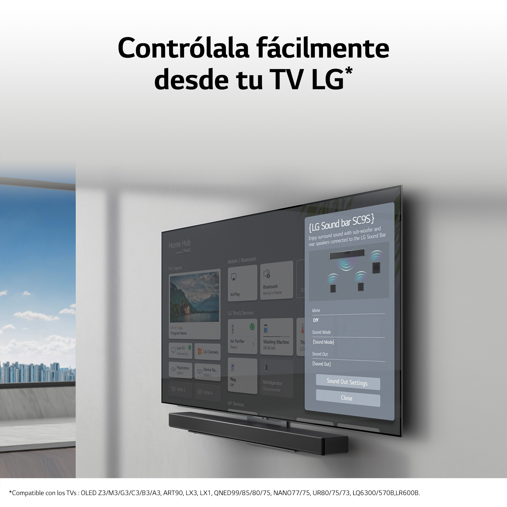 Pantalla de TV que muestra un menú para controlar la configuración de sonido. La barra de sonido está debajo del televisor. Fondo blanco.