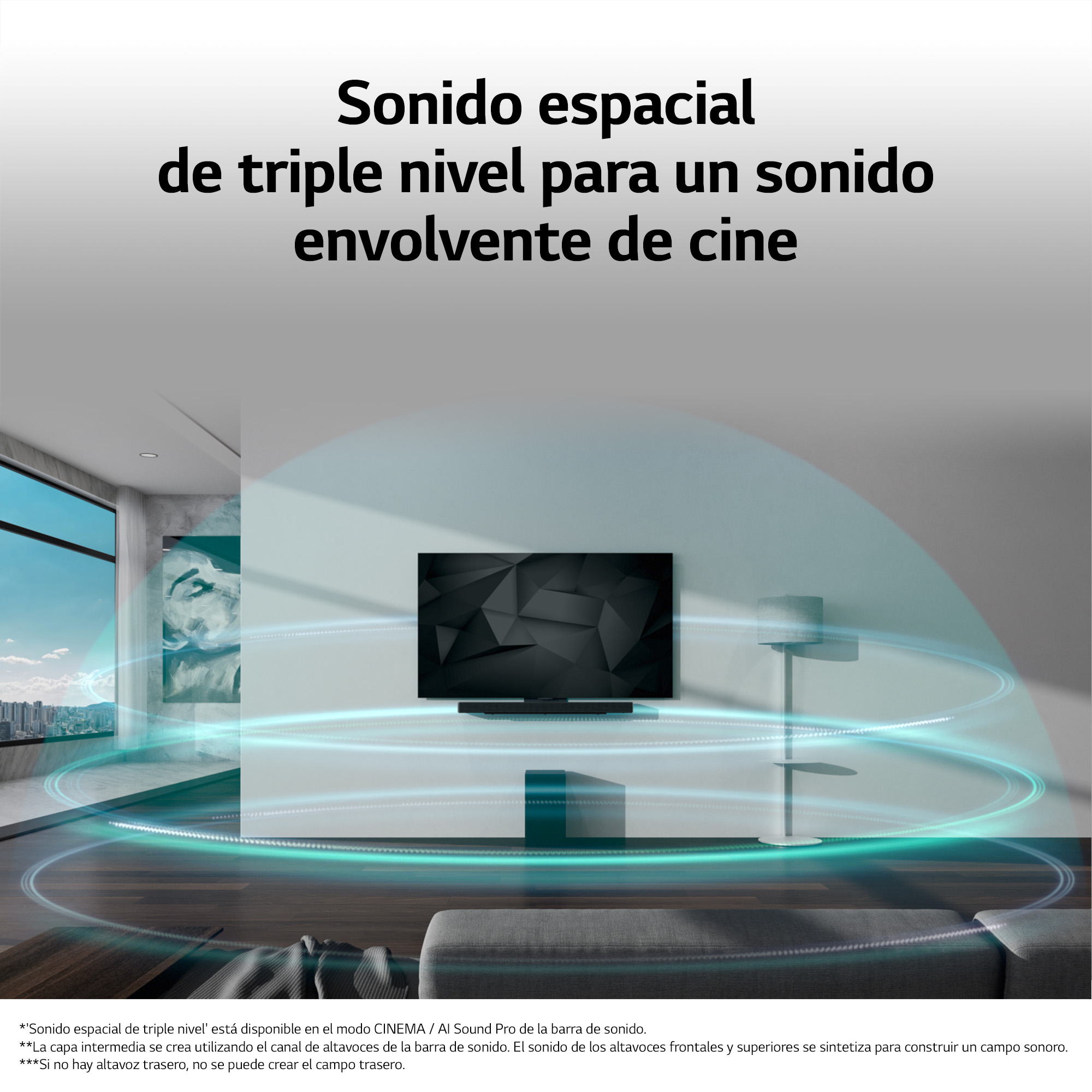 Escena de sala de estar con TV y barra de sonido. Las ondas de sonido emanan del televisor y la barra de sonido.