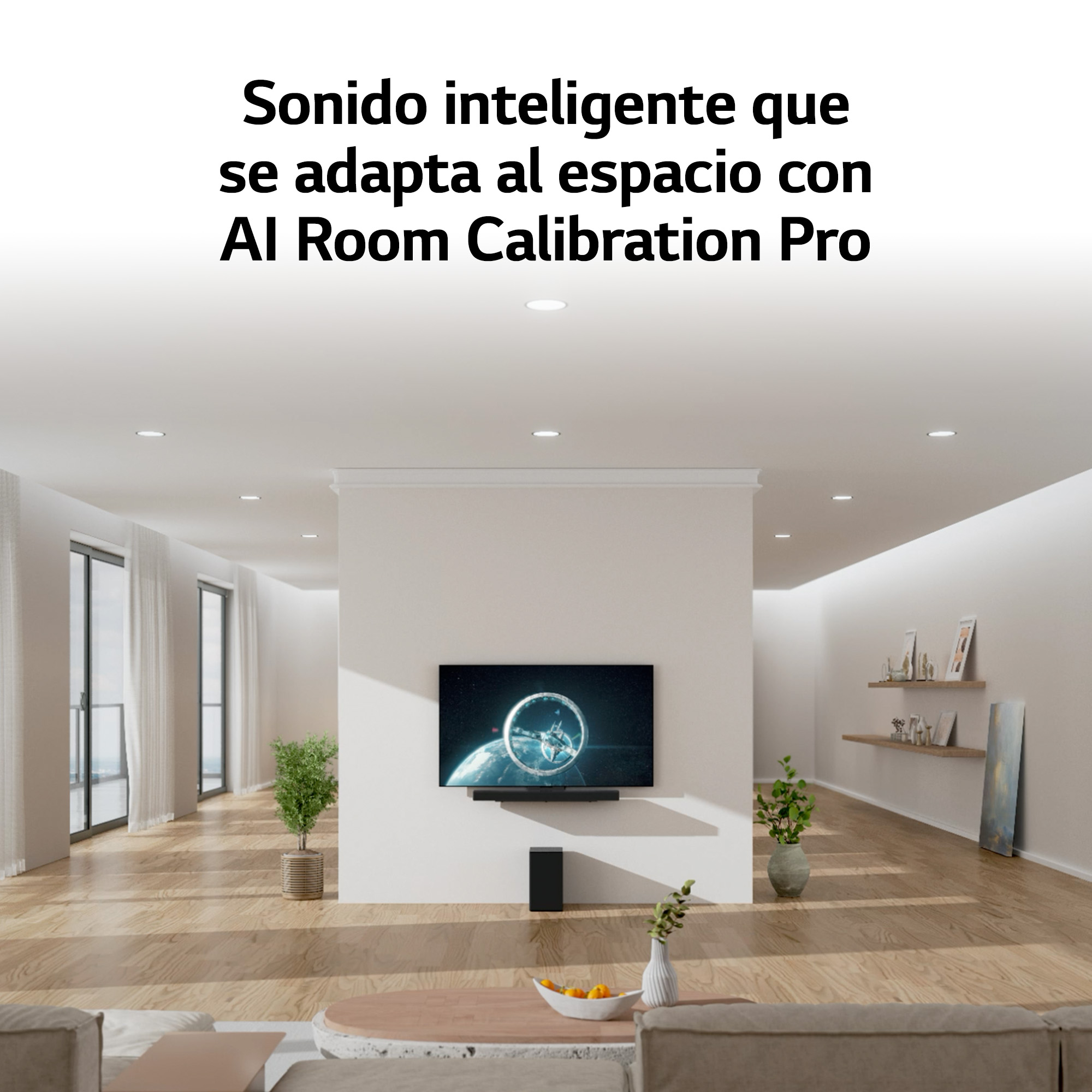Una sala de estar moderna con TV, barra de sonido y subwoofer. Plantas y decoración en estantes y suelo.