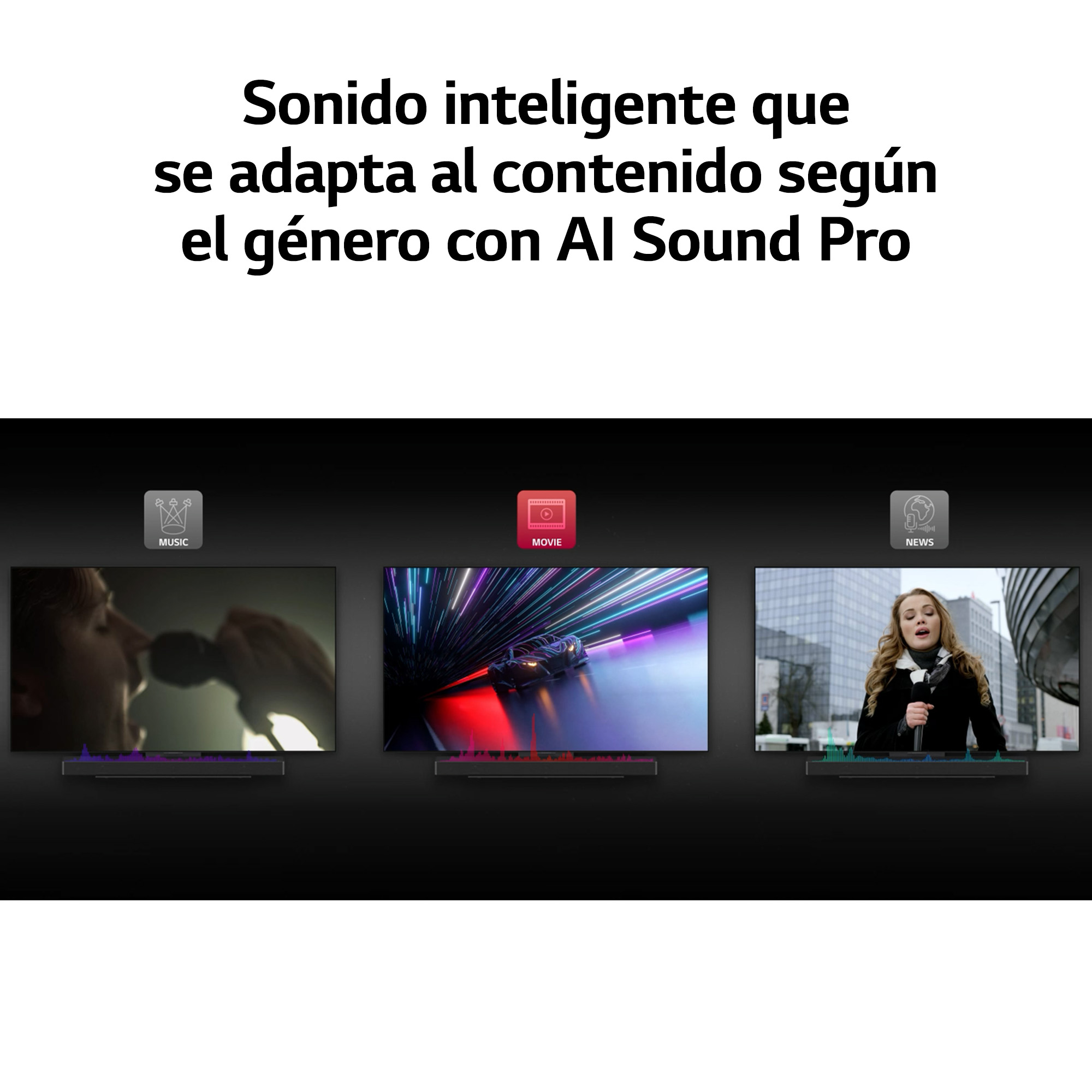 Pantallas que muestran Música, Películas y Noticias. Cada una tiene una barra de sonido. Iconos arriba, contenido abajo.