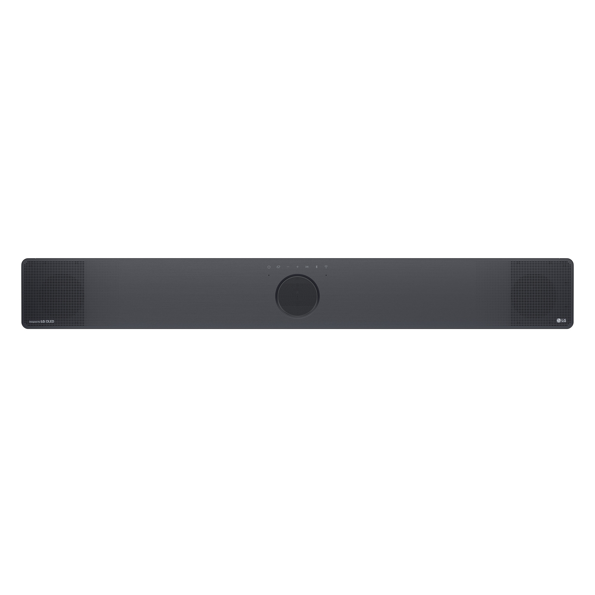 Una barra de sonido larga, gris oscuro, con controles en la parte superior y rejillas de altavoz en los lados.