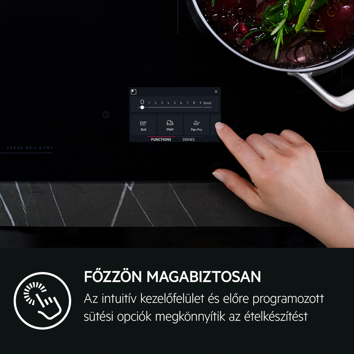 Kéz megérinti a fekete főzőlap képernyőjét, funkciók és ételek láthatók.