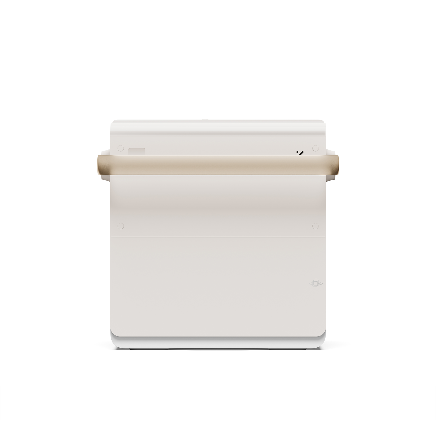 Achterkant van een oplaadstation. Crème- en witte kleur met een handvat.