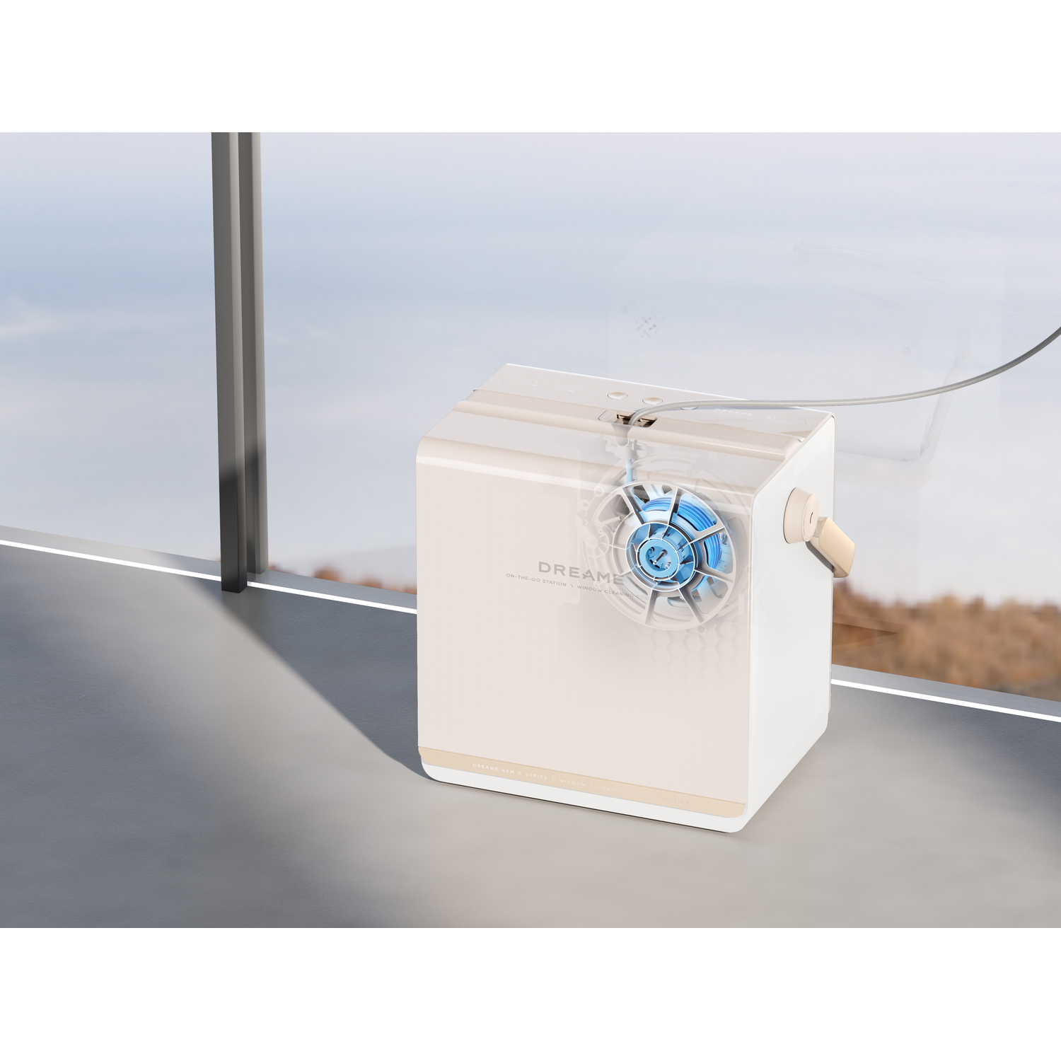 Crèmekleurig Dreame C1-apparaat, transparante weergave met interne componenten. Blauwe ventilator zichtbaar. Landschapsachtergrond.