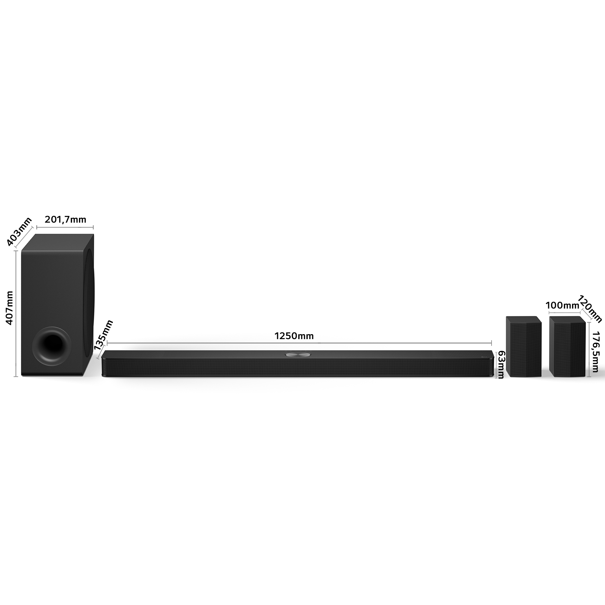 Un sistema de barra de sonido con dimensiones indicadas. La barra de sonido mide 1250 mm de largo, el subwoofer tiene 407 mm de alto y 201,7 mm de ancho.
