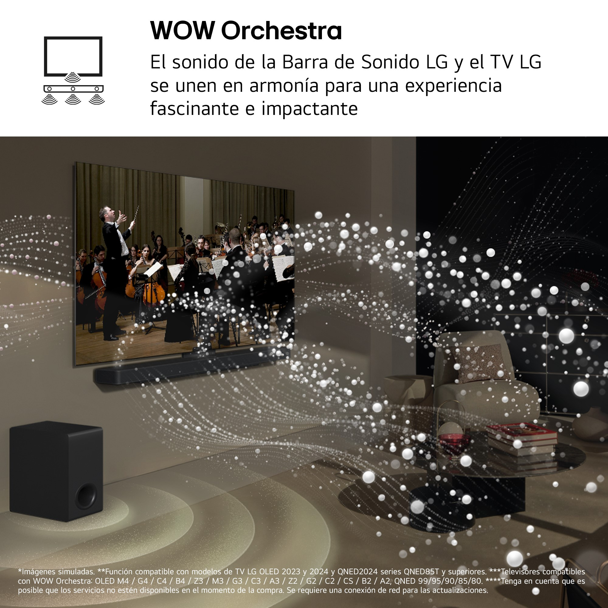 Imagen que muestra una configuración de barra de sonido y subwoofer con un televisor que muestra una orquesta, mejorando la experiencia de audio.