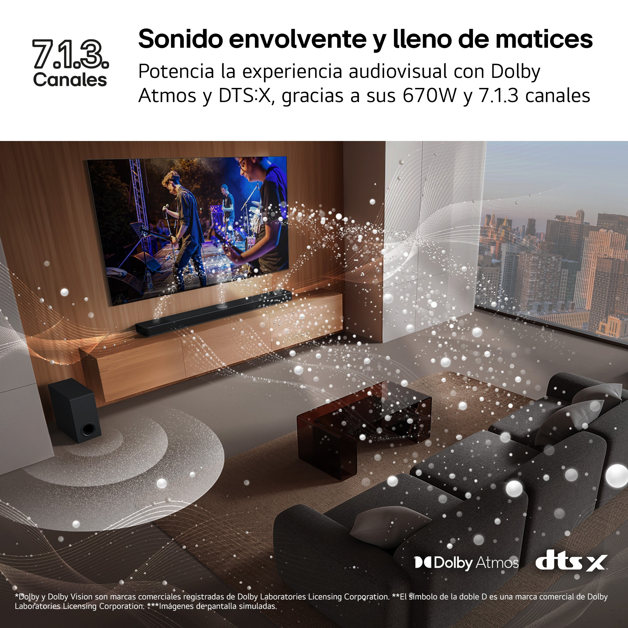 Imagen que muestra una configuración de sala de estar con barra de sonido, televisor y subwoofer. Efectos visuales ilustran Dolby Atmos y DTS:X.