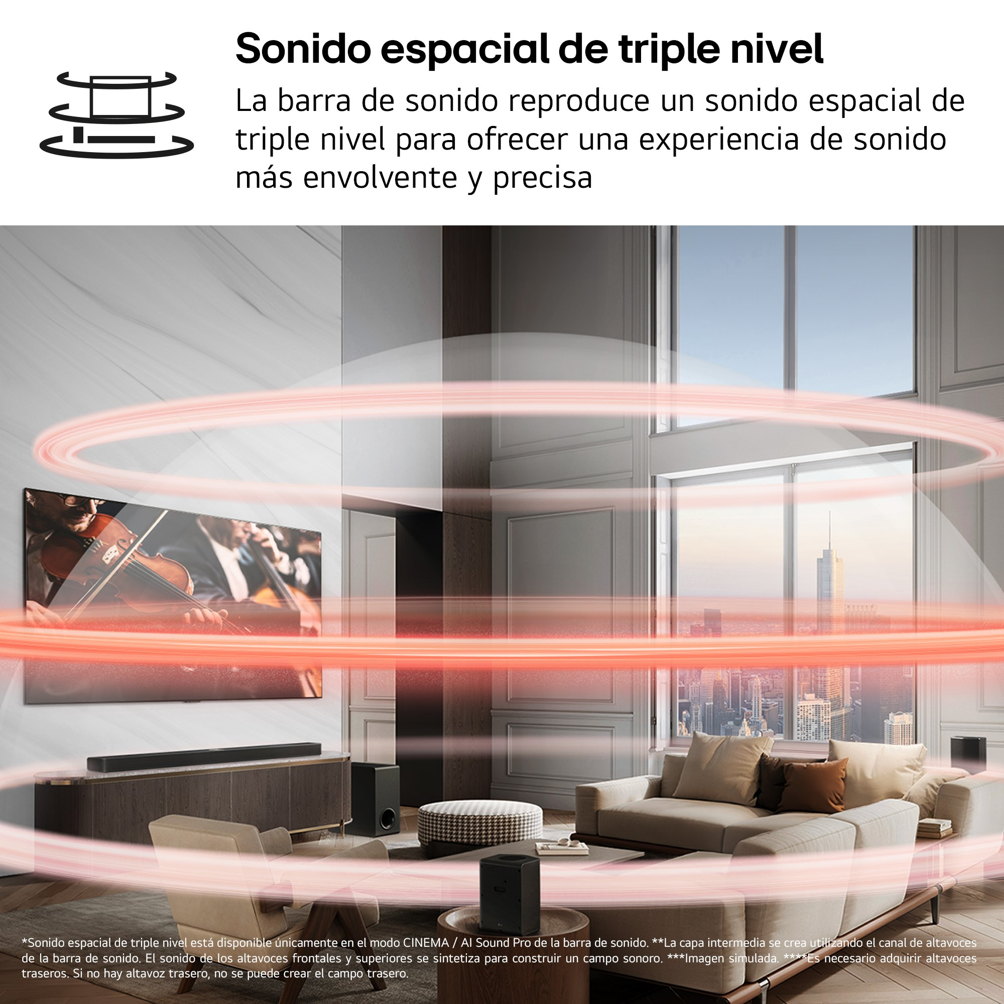 Configuración de sala de estar con barra de sonido, TV y subwoofer. Visuales muestran ondas de sonido expandiéndose, mejorando la experiencia.