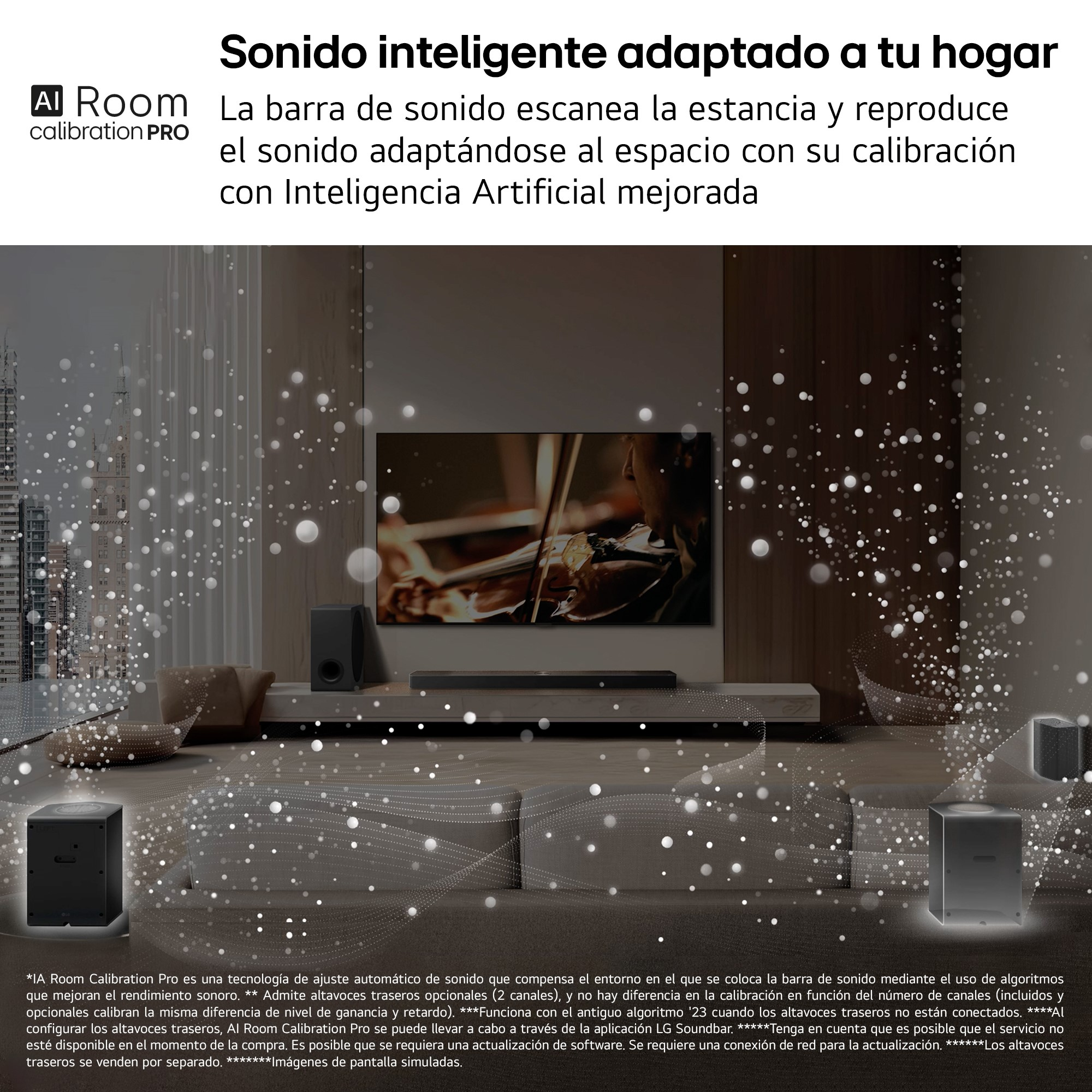 Una sala de estar con barra de sonido, TV y subwoofers. Los efectos visuales muestran ondas de sonido que mejoran la experiencia de audio.
