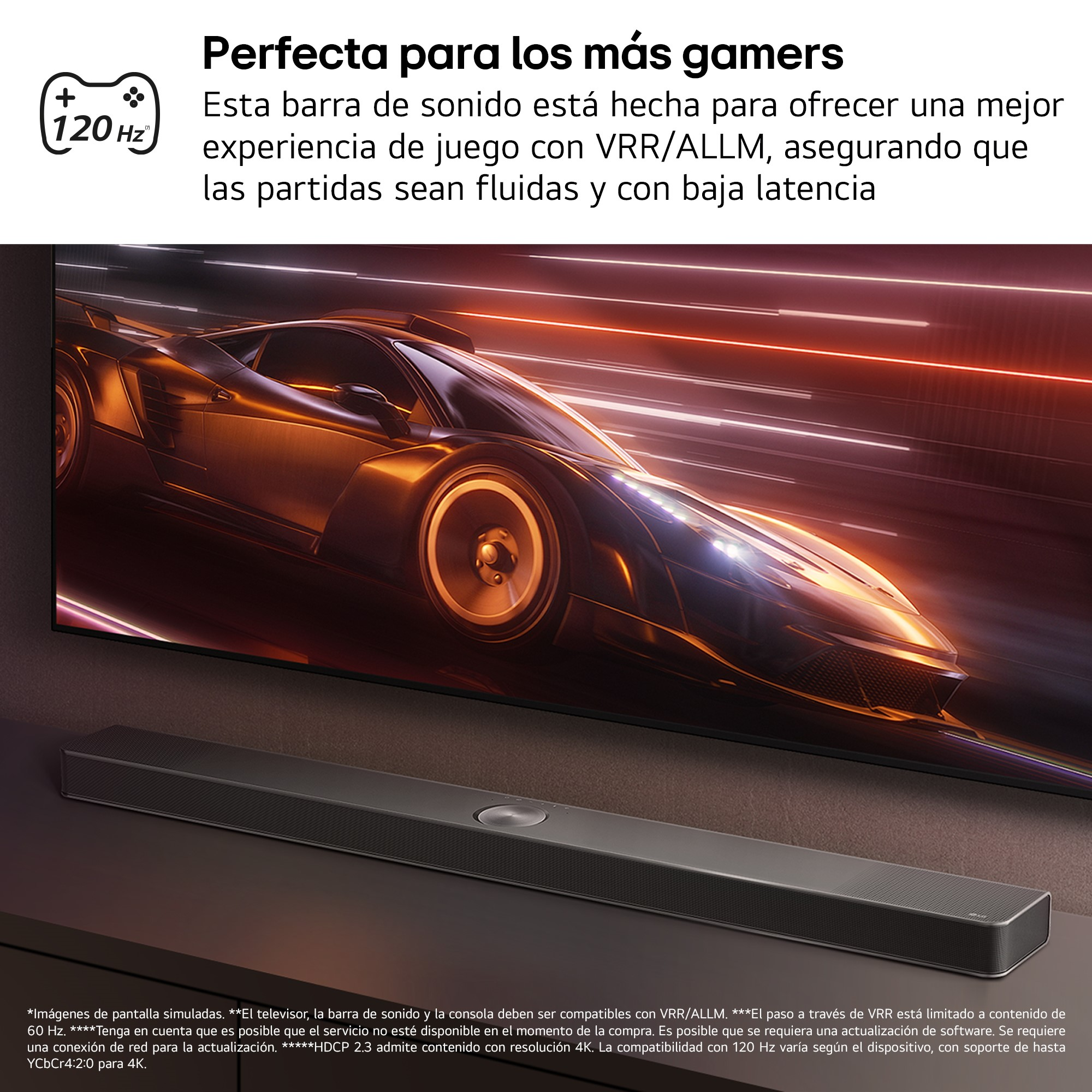 Una configuración de barra de sonido y TV, con gráficos que indican 120 Hz y las imágenes del juego en la pantalla.