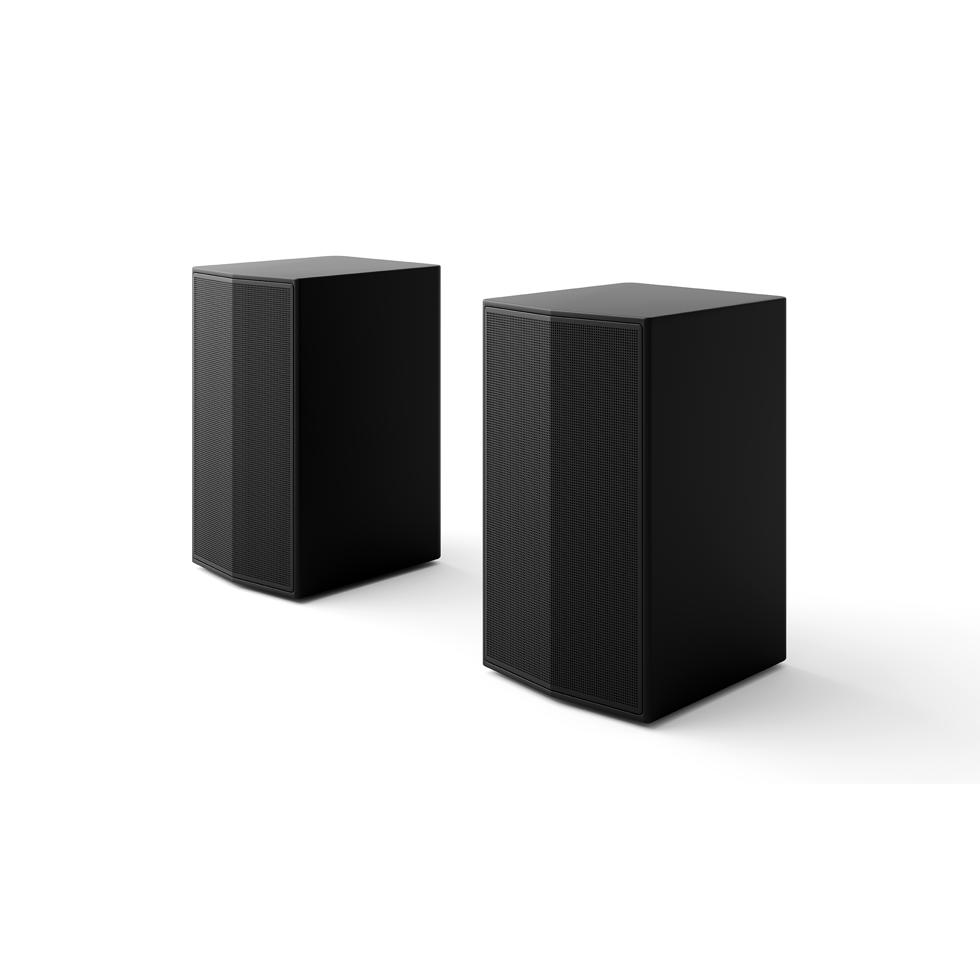 Dos altavoces rectangulares negros, colocados uno al lado del otro. Tienen una superficie similar a una malla.