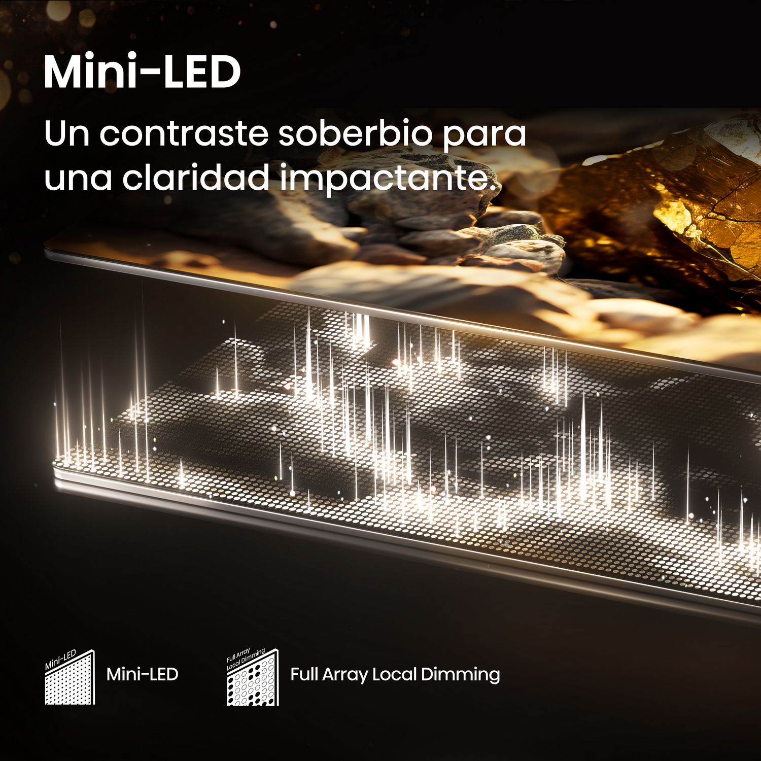 Primer plano de la tecnología Mini-LED, mostrando el contraste y la claridad.